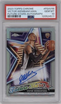 Victor Wembanyama from the 2023-24 Topps Chrome set graded by PSA and given an overall grade of 10.