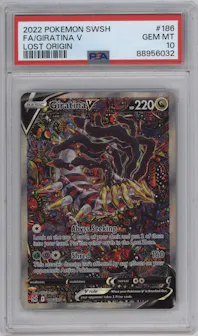 Giratina V from the 2022 Pokemon SWSH set graded by PSA and given an overall grade of 10.