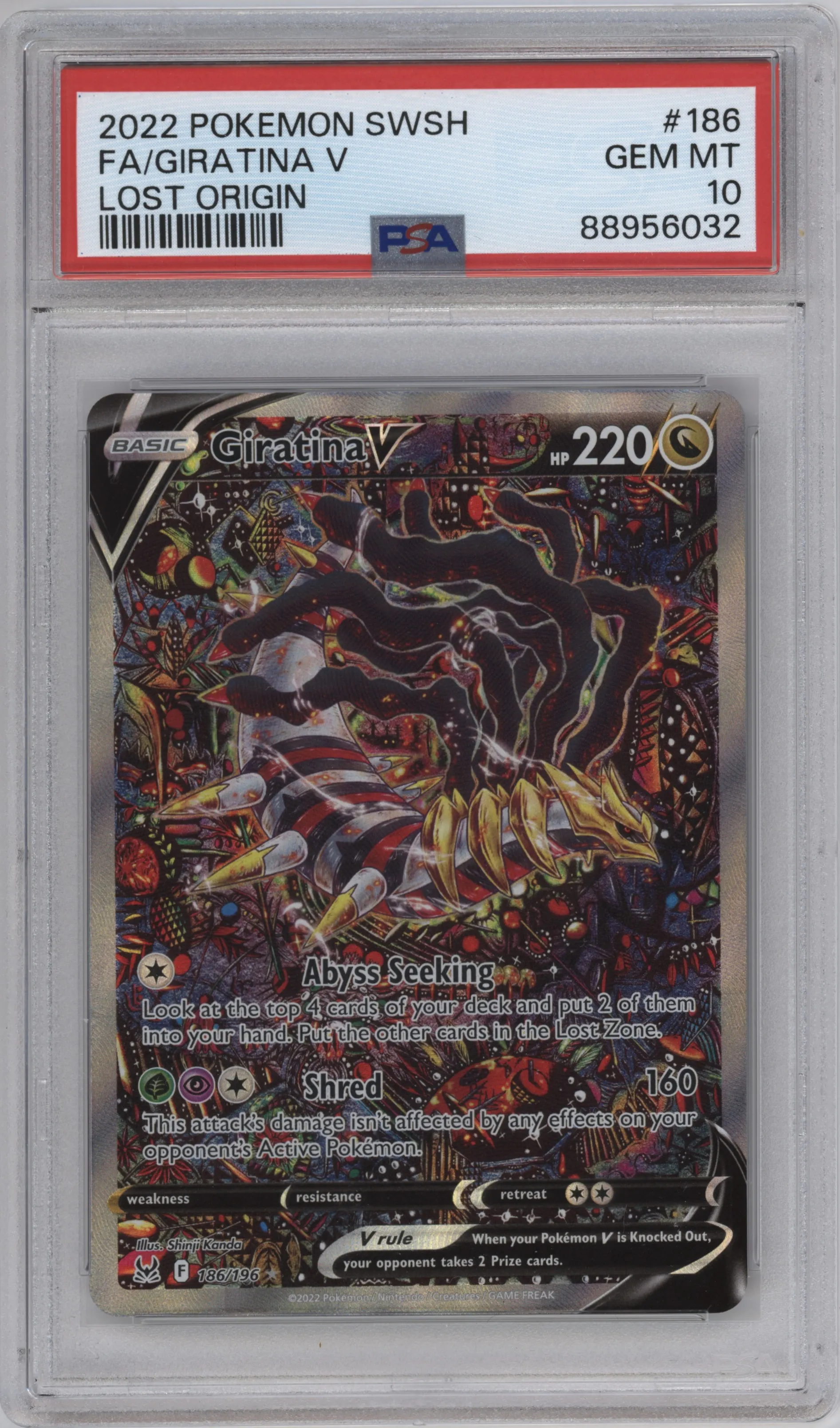 Giratina V from the 2022 Pokemon SWSH set graded by PSA and given an overall grade of 10.