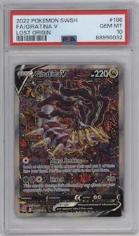 Giratina V from the 2022 Pokemon SWSH set graded by PSA and given an overall grade of 10.