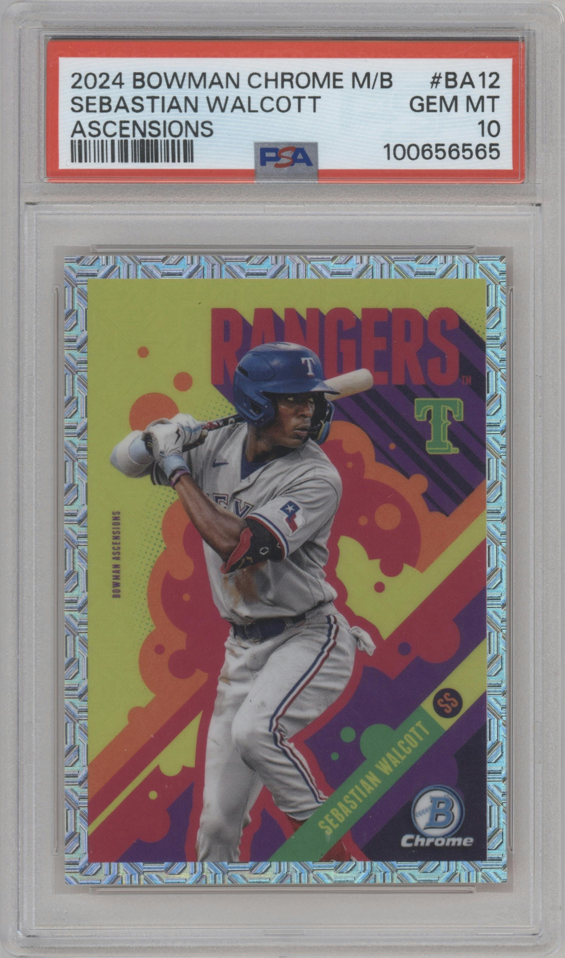 Sebastian Walcott from the 2024 Bowman Chrome Mega Box set graded by PSA and given an overall grade of 10.