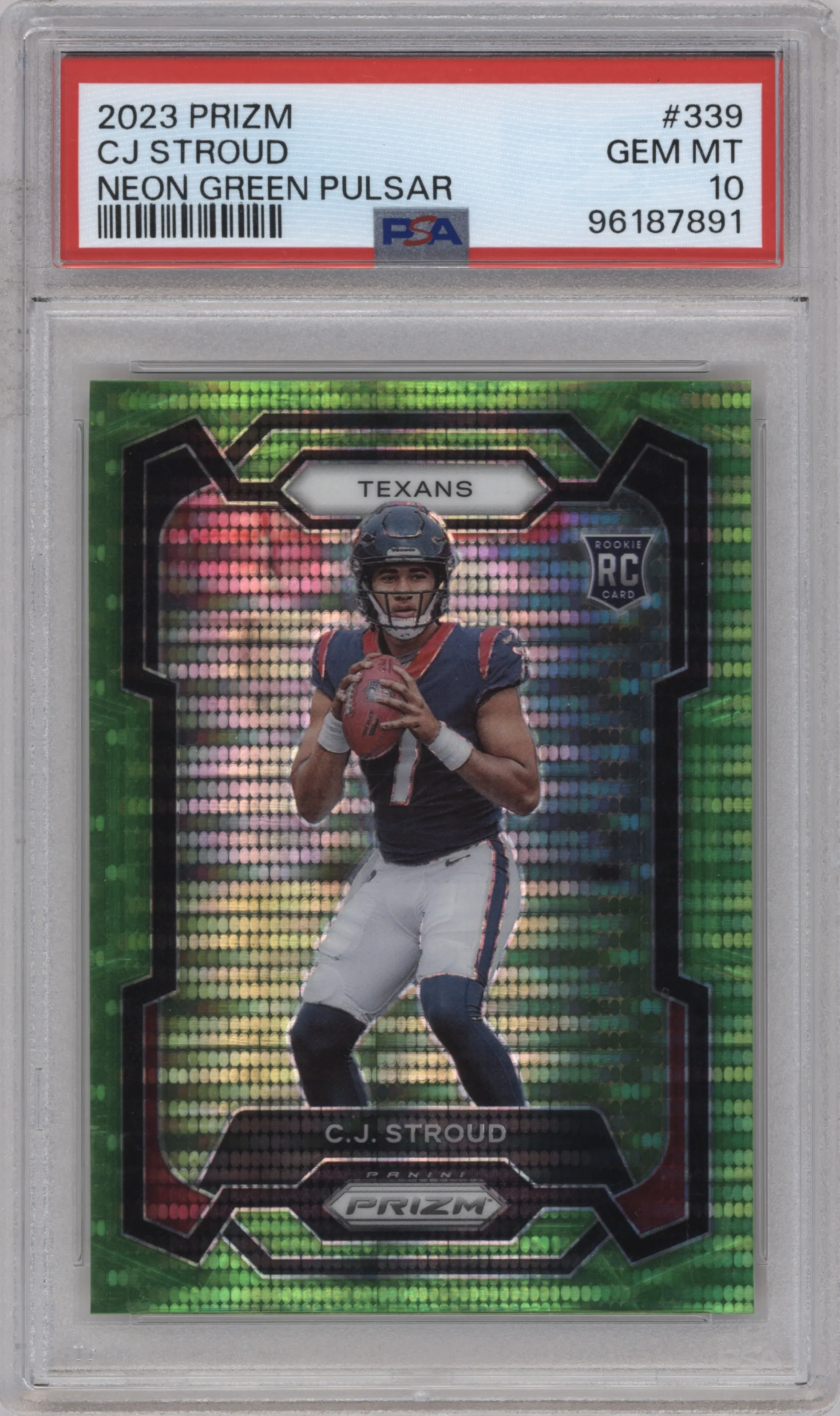 C.J. Stroud from the 2023 Panini Prizm set featuring a Neon Green Pulsar parallel graded by PSA and given an overall grade of 10.