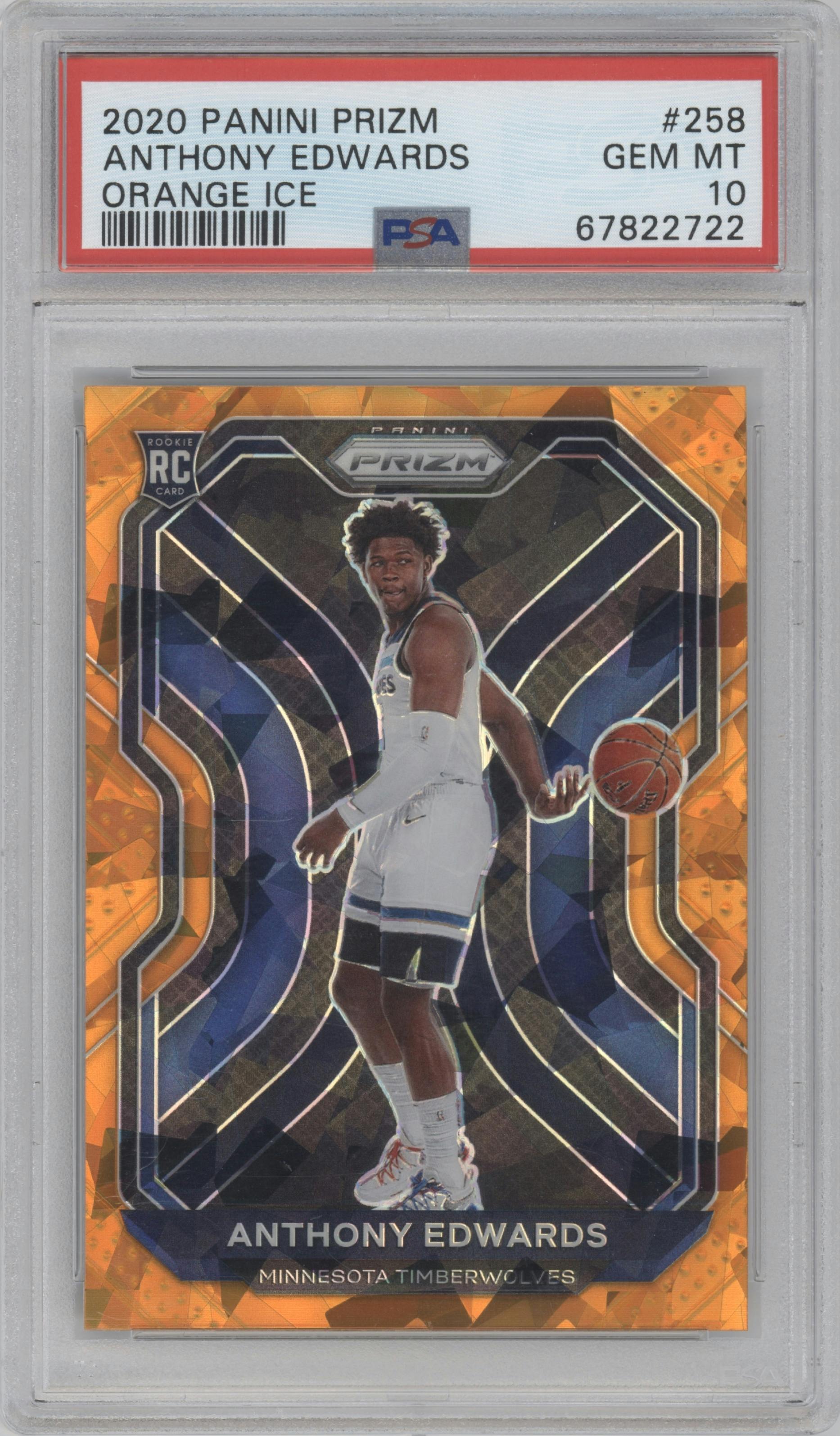 Anthony Edwards from the 2020-21 Panini Prizm set featuring a Orange Ice parallel graded by PSA and given an overall grade of 10.