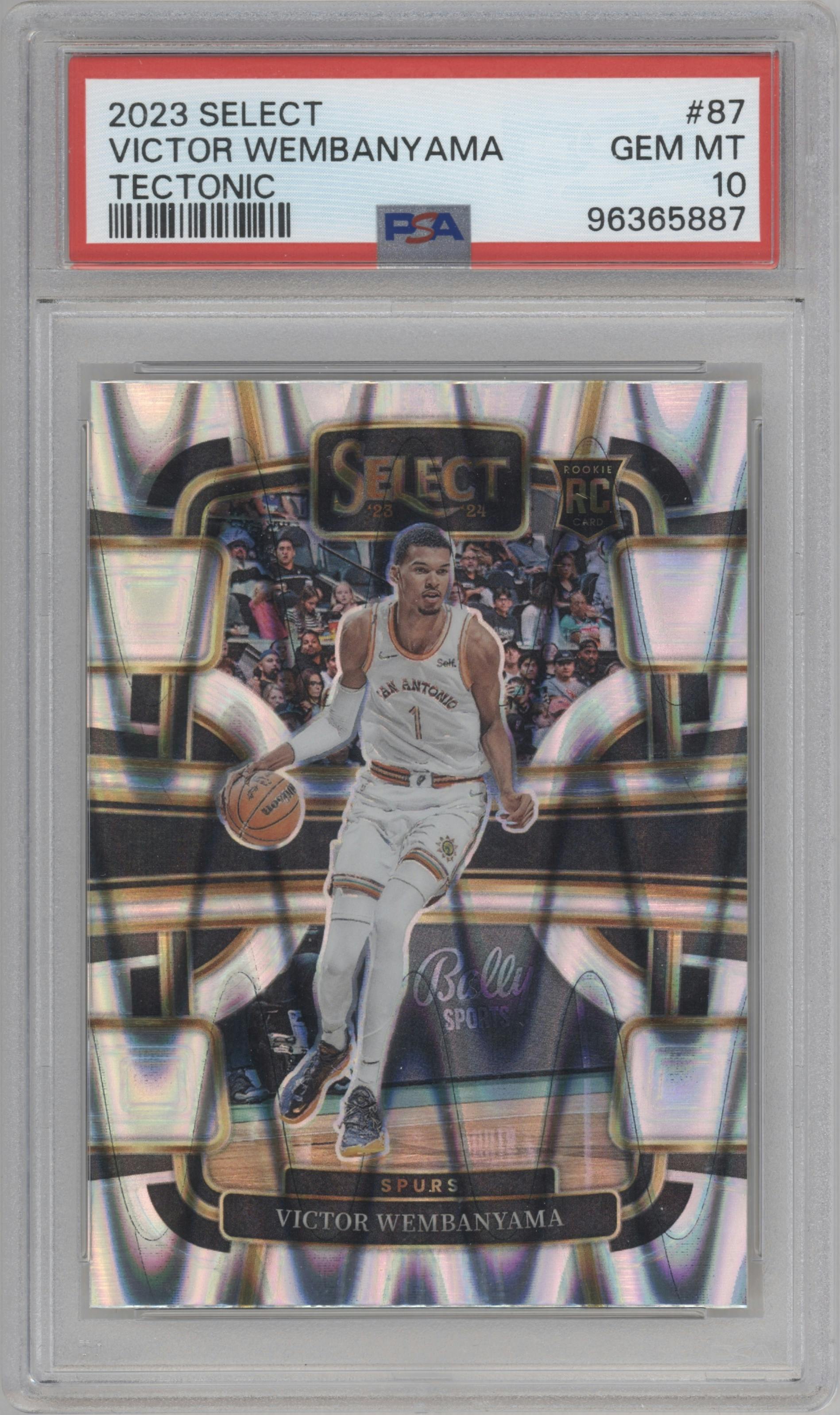 Victor Wembanyama from the 2023-24 Panini Select  set featuring a Tectonic parallel graded by PSA and given an overall grade of 10.