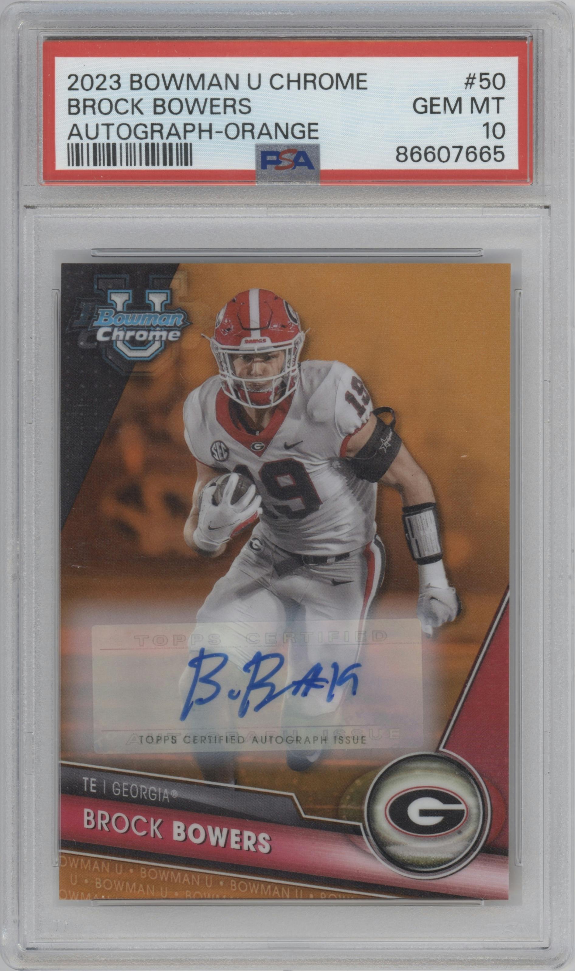 Brock Bowers from the 2023 Bowman Chrome University set featuring a Orange Refractor parallel graded by PSA and given an overall grade of 10.