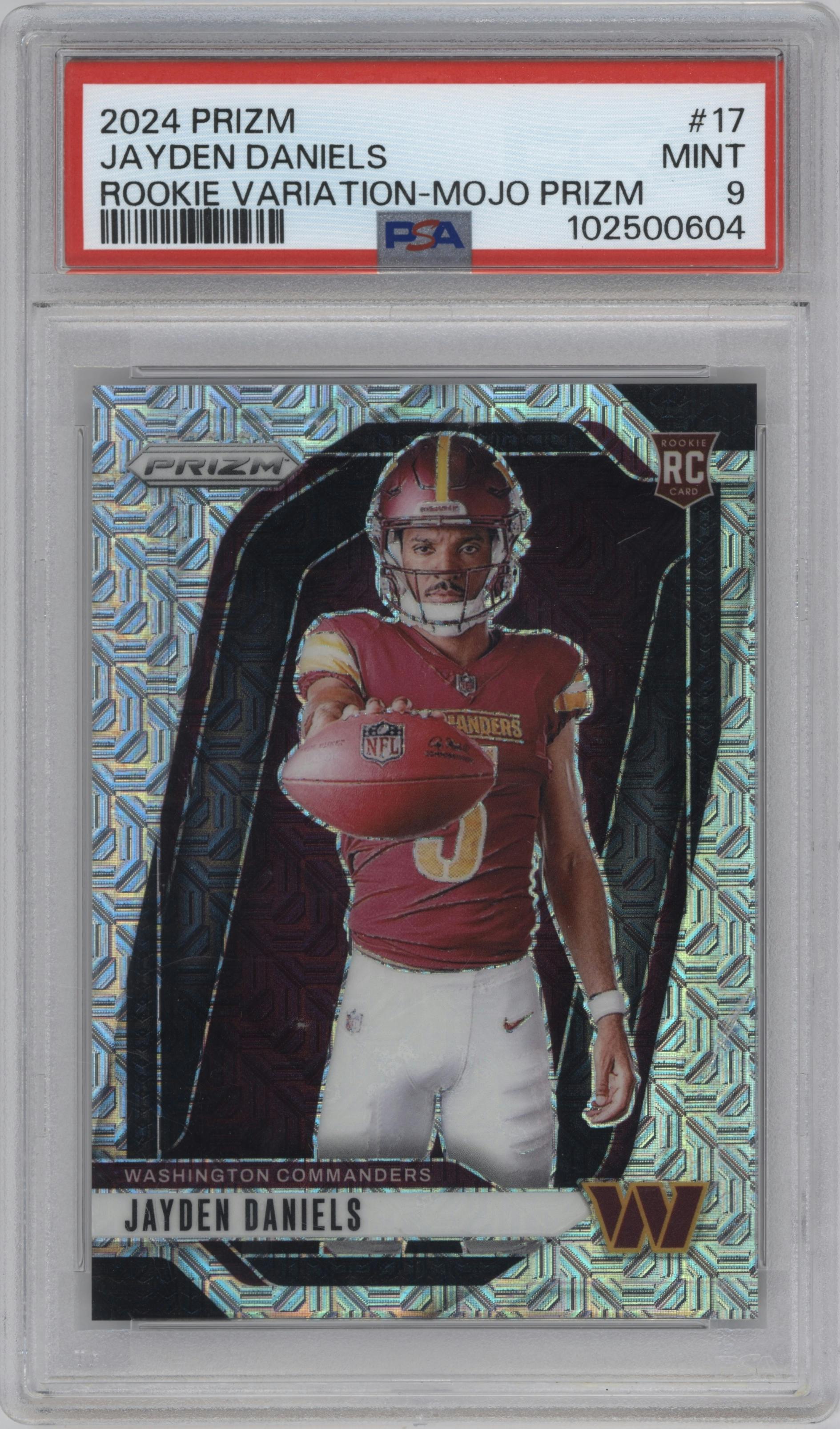 Jayden Daniels from the 2024 Panini Prizm set featuring a Mojo Prizm parallel graded by PSA and given an overall grade of 9.