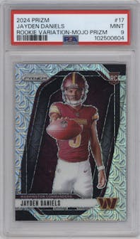 Jayden Daniels from the 2024 Panini Prizm set featuring a Mojo Prizm parallel graded by PSA and given an overall grade of 9.
