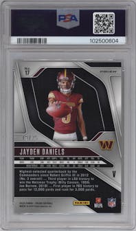 Jayden Daniels from the 2024 Panini Prizm set featuring a Mojo Prizm parallel graded by PSA and given an overall grade of 9.