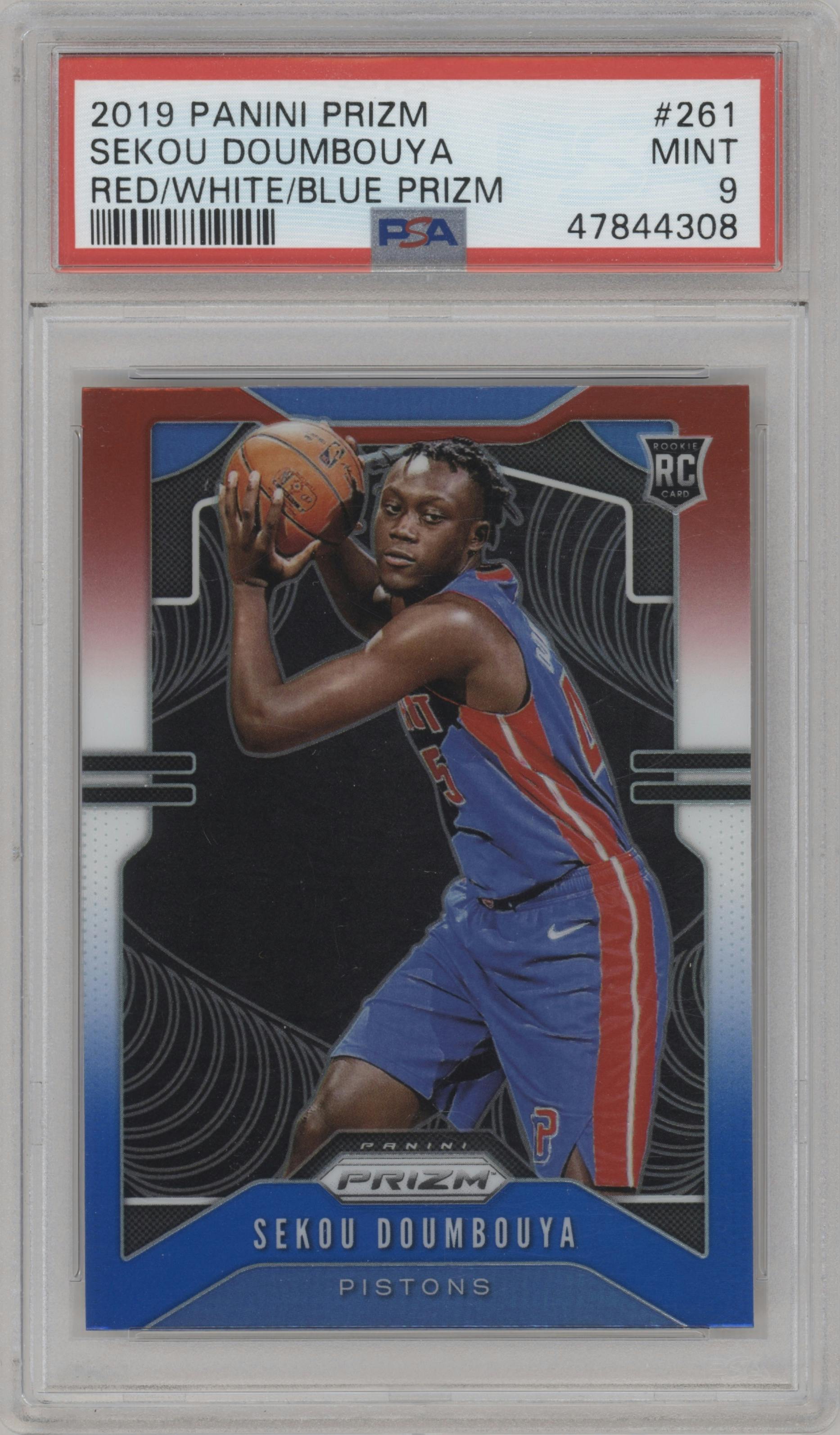 Sekou Doumbouya from the 2019-20 Panini Prizm set featuring a Red/White/Blue Prizm  parallel graded by PSA and given an overall grade of 9.