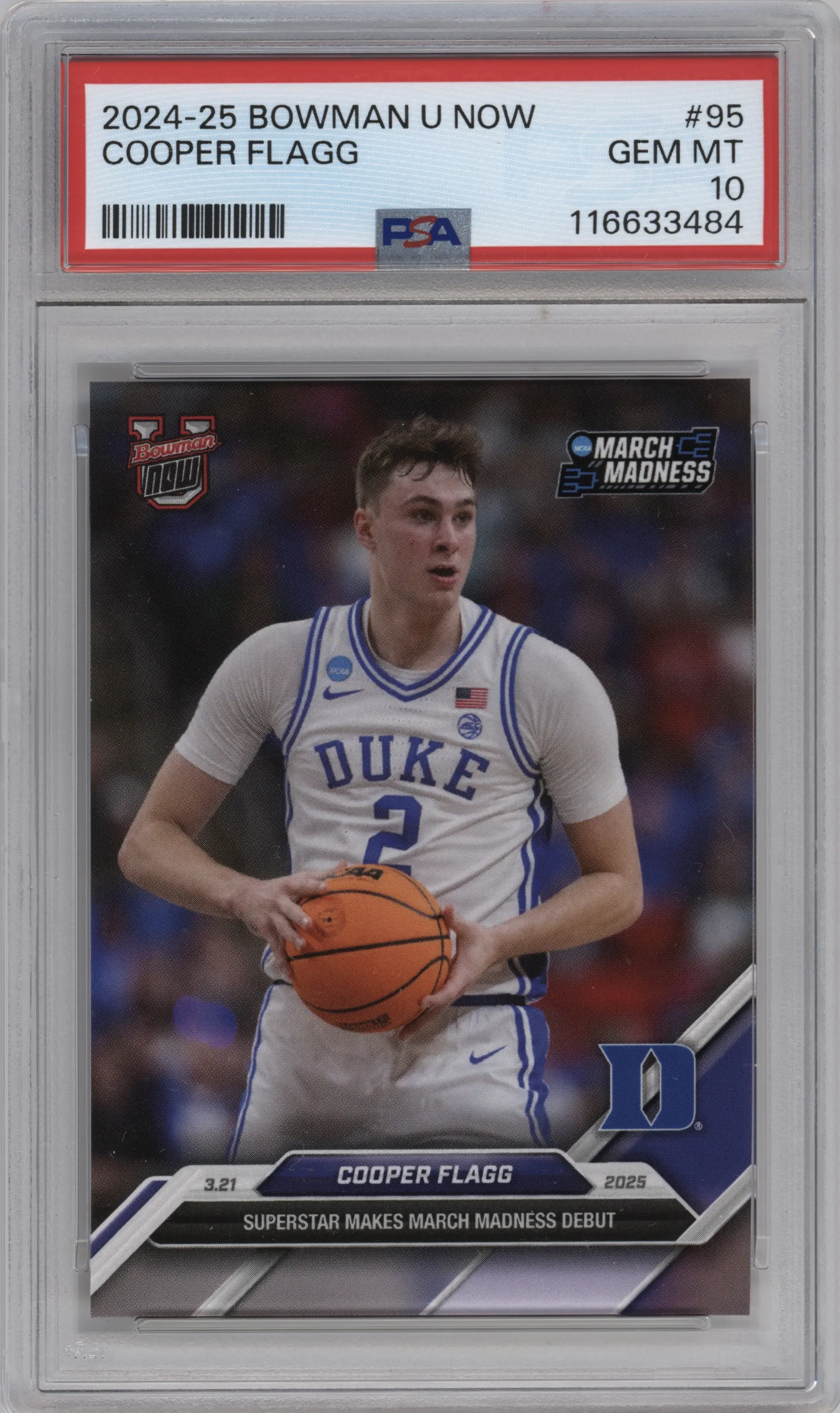 Cooper Flagg from the 2024-25 Bowman U Now set graded by PSA and given an overall grade of 10.