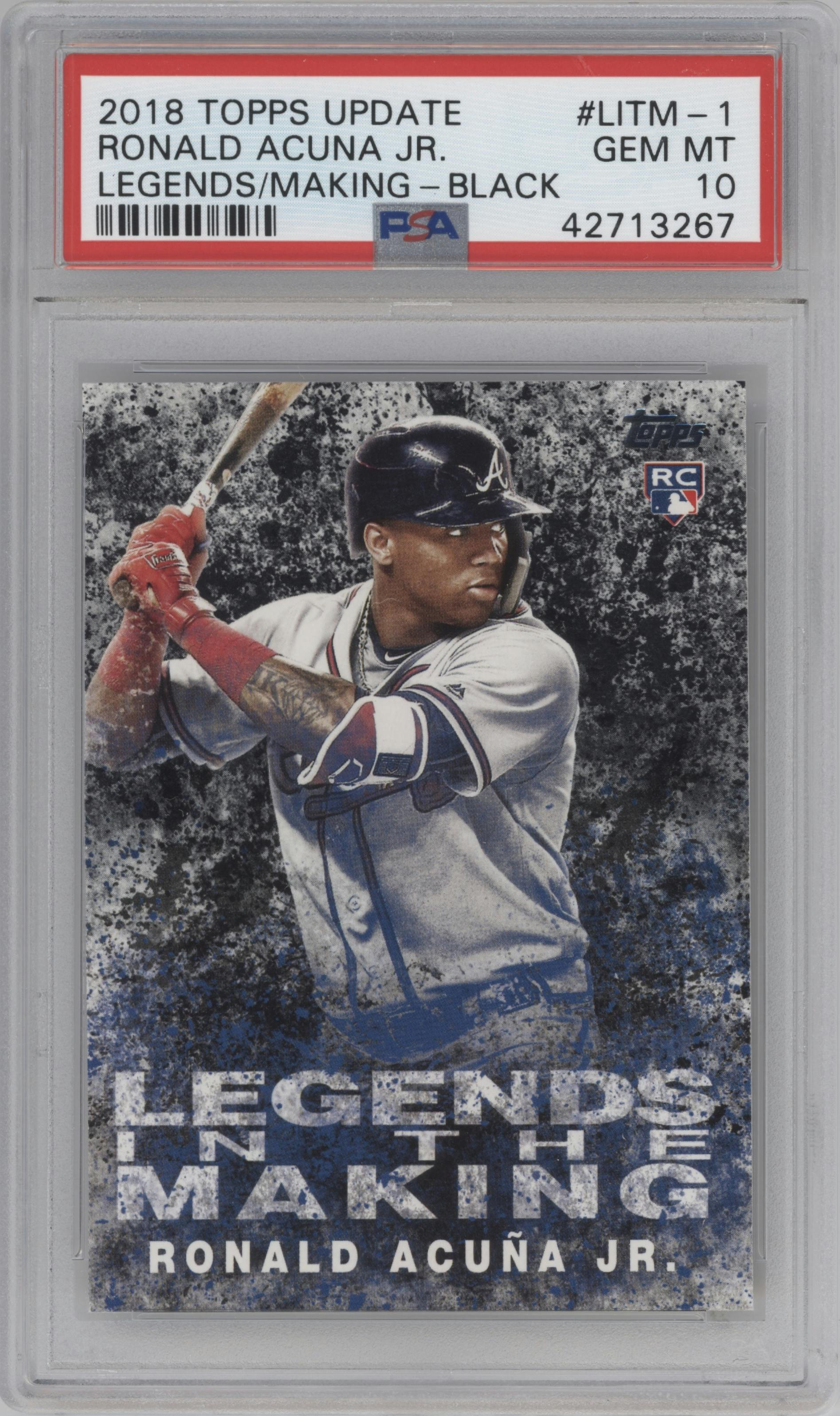 Ronald Acuna Jr. from the 2018 Topps Update set featuring a Black parallel graded by PSA and given an overall grade of 10.
