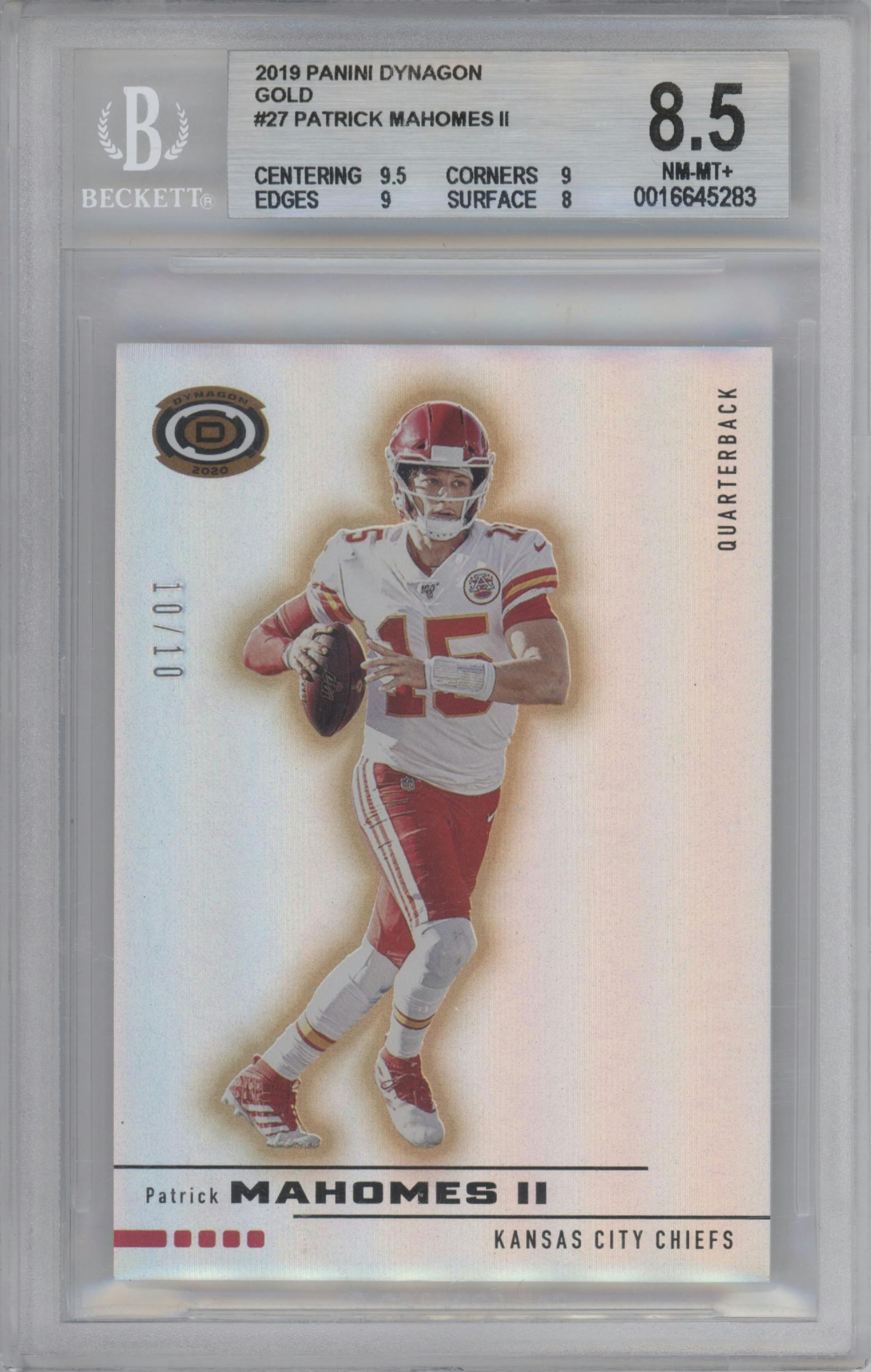 Patrick Mahomes II from the 2019 Panini Chronicles set featuring a Gold parallel graded by Beckett and given an overall grade of 8.5.