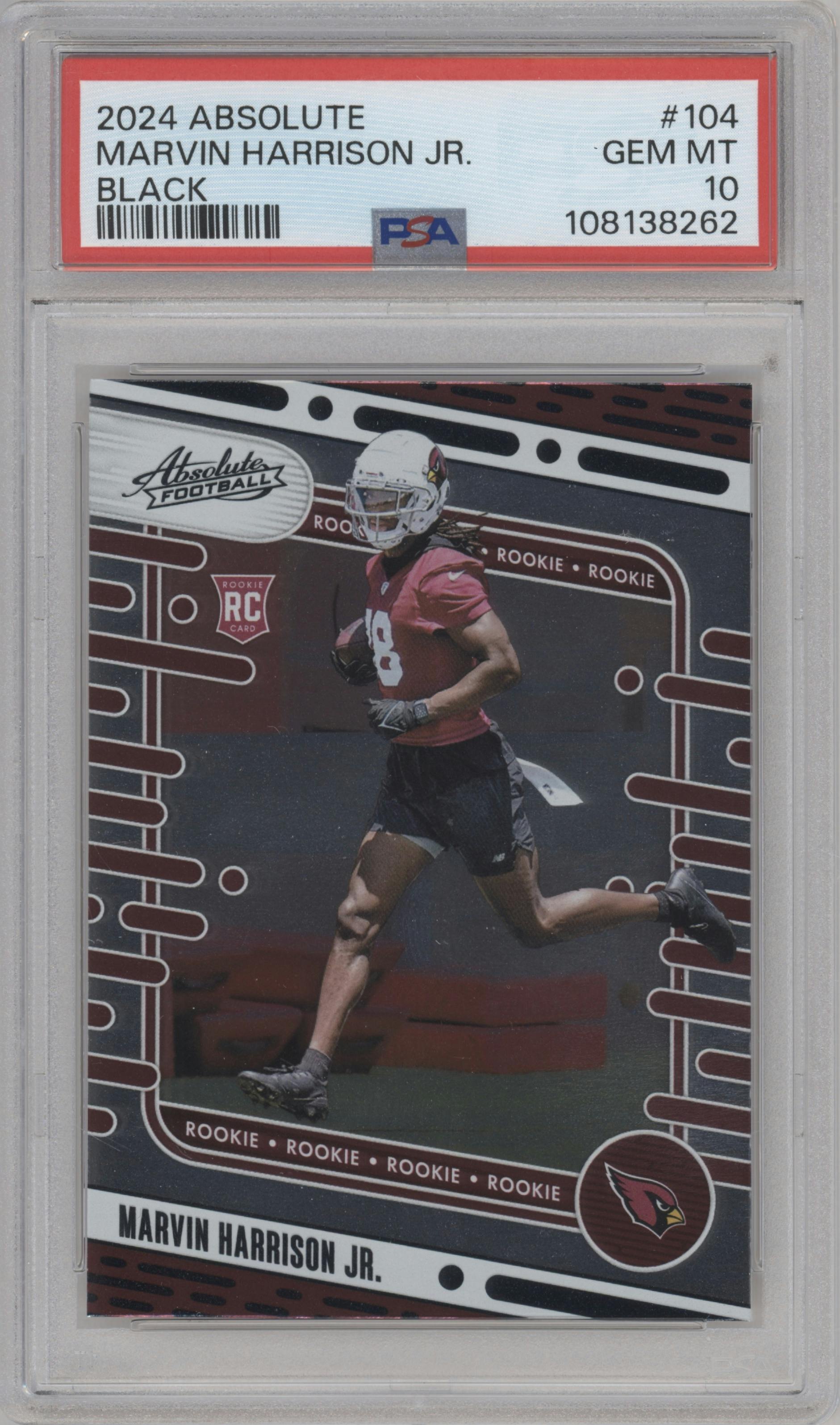 Marvin Harrison Jr. from the 2024 Panini Absolute set featuring a Black parallel graded by PSA and given an overall grade of 10.