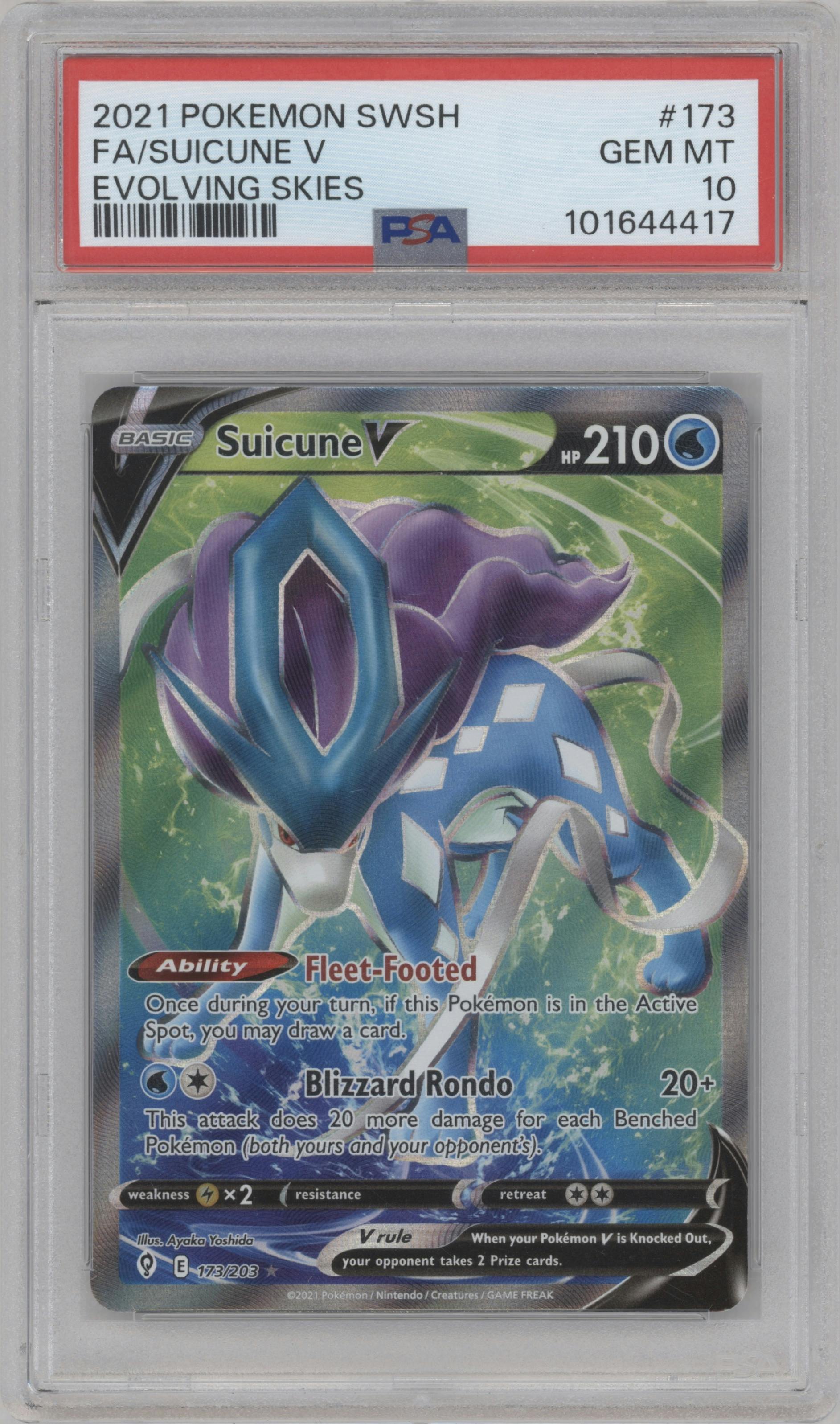 Suicune V from the 2021 Pokemon SWSH set graded by PSA and given an overall grade of 10.