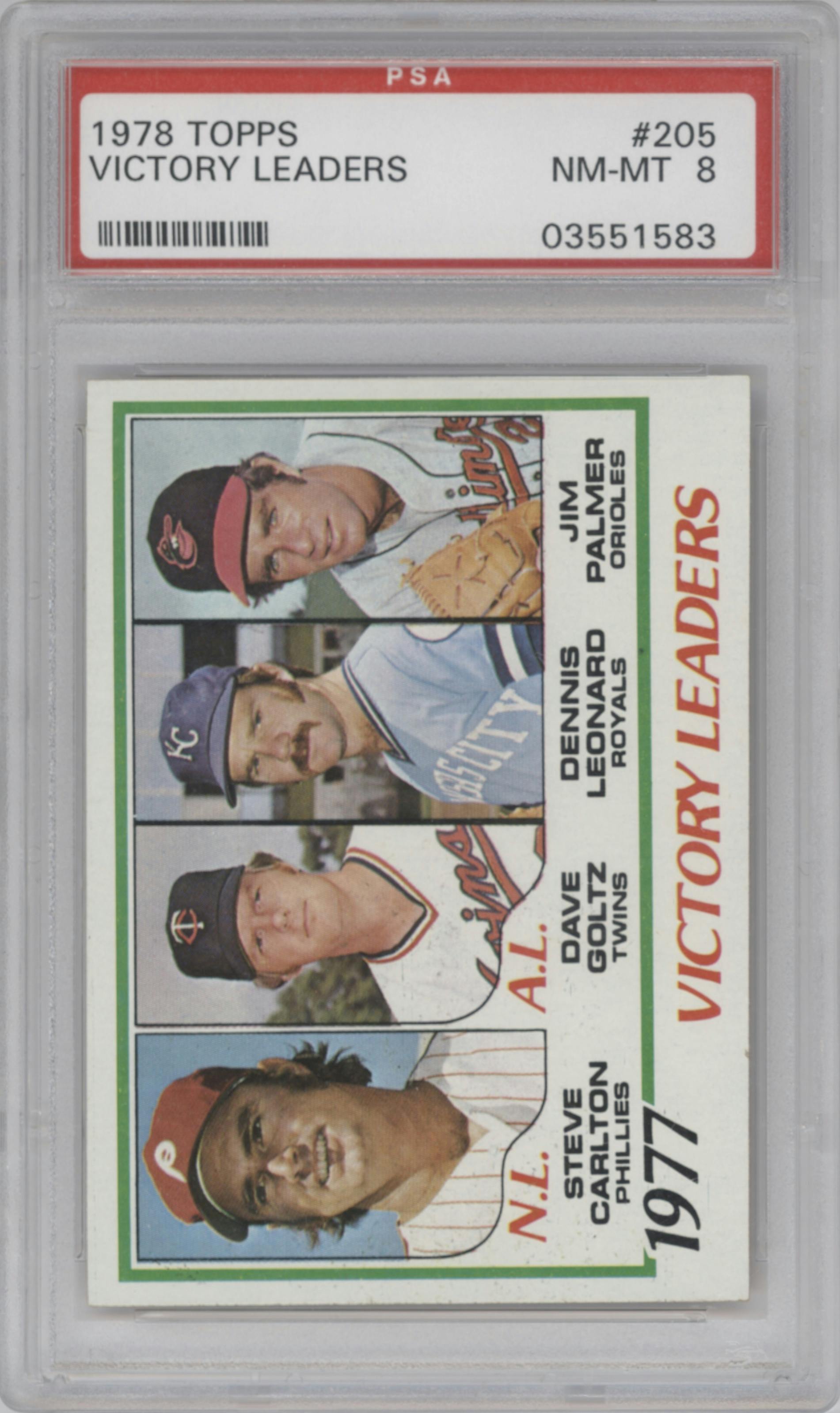 Steve Carlton/Dave Goltz/Dennis Leonard/Jim Palmer from the 1978 Topps set graded by PSA and given an overall grade of 8.