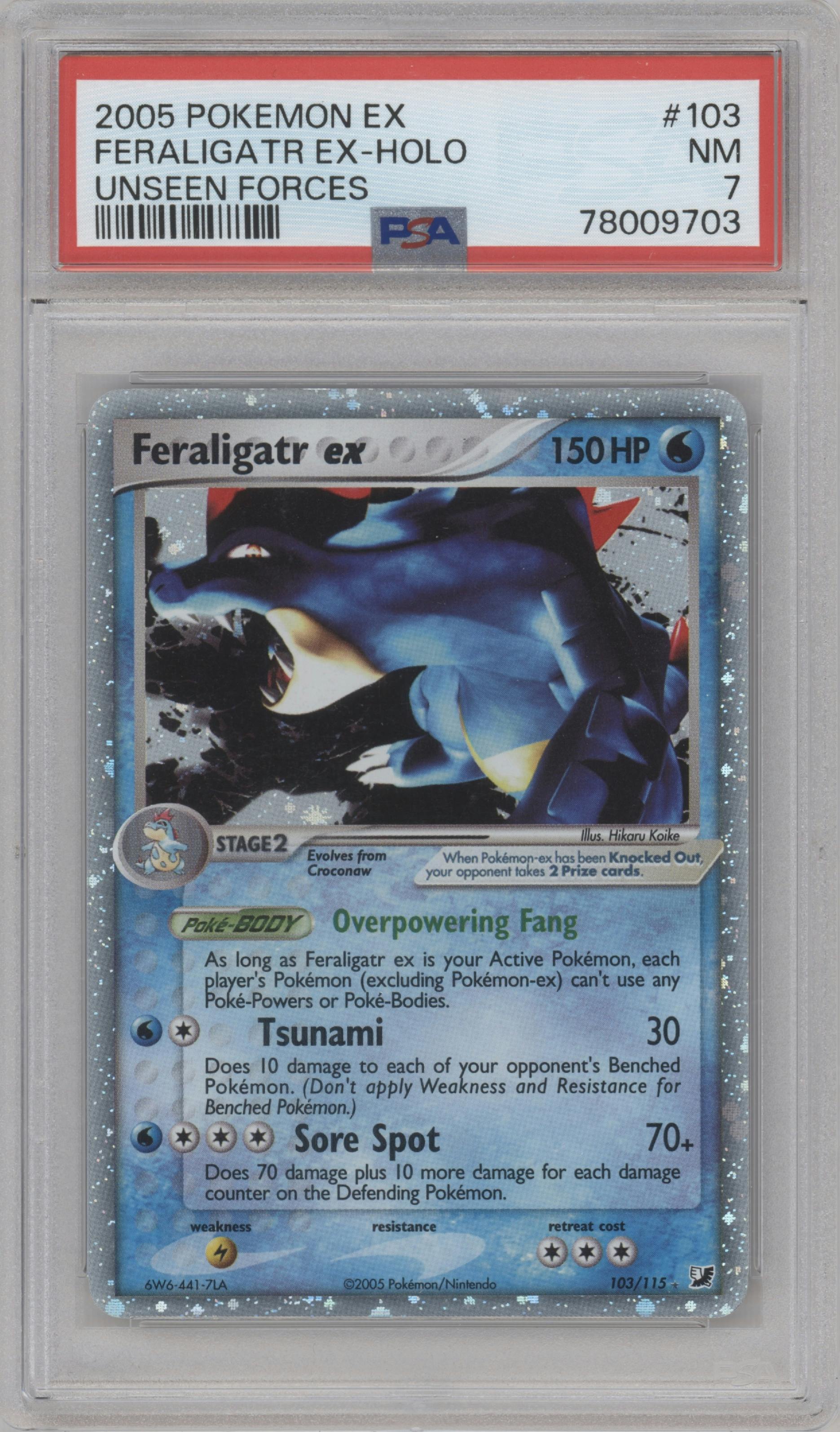 Feraligatr ex from the 2005 Pokemon EX set graded by PSA and given an overall grade of 7.