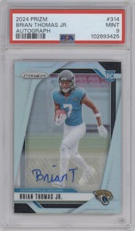 Brian Thomas Jr. from the 2024 Panini Prizm set graded by PSA and given an overall grade of 9.
