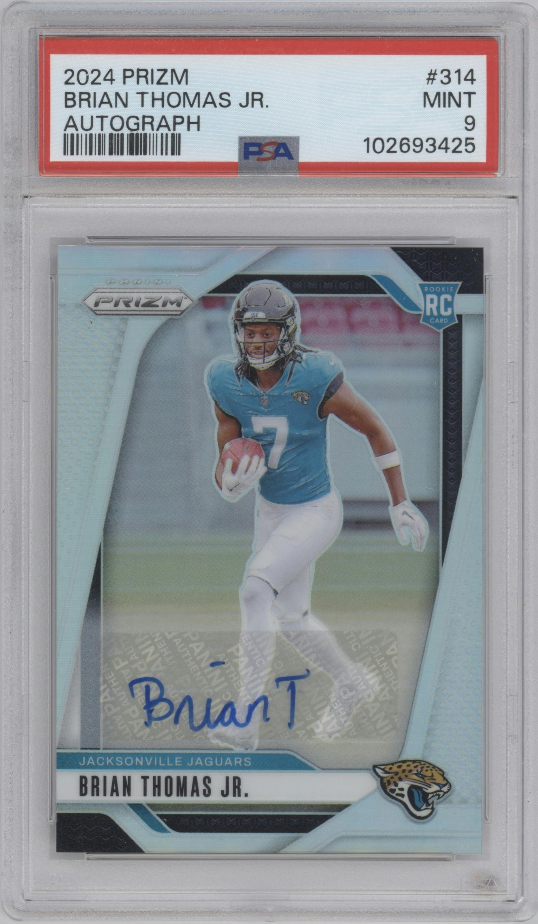Brian Thomas Jr. from the 2024 Panini Prizm set graded by PSA and given an overall grade of 9.