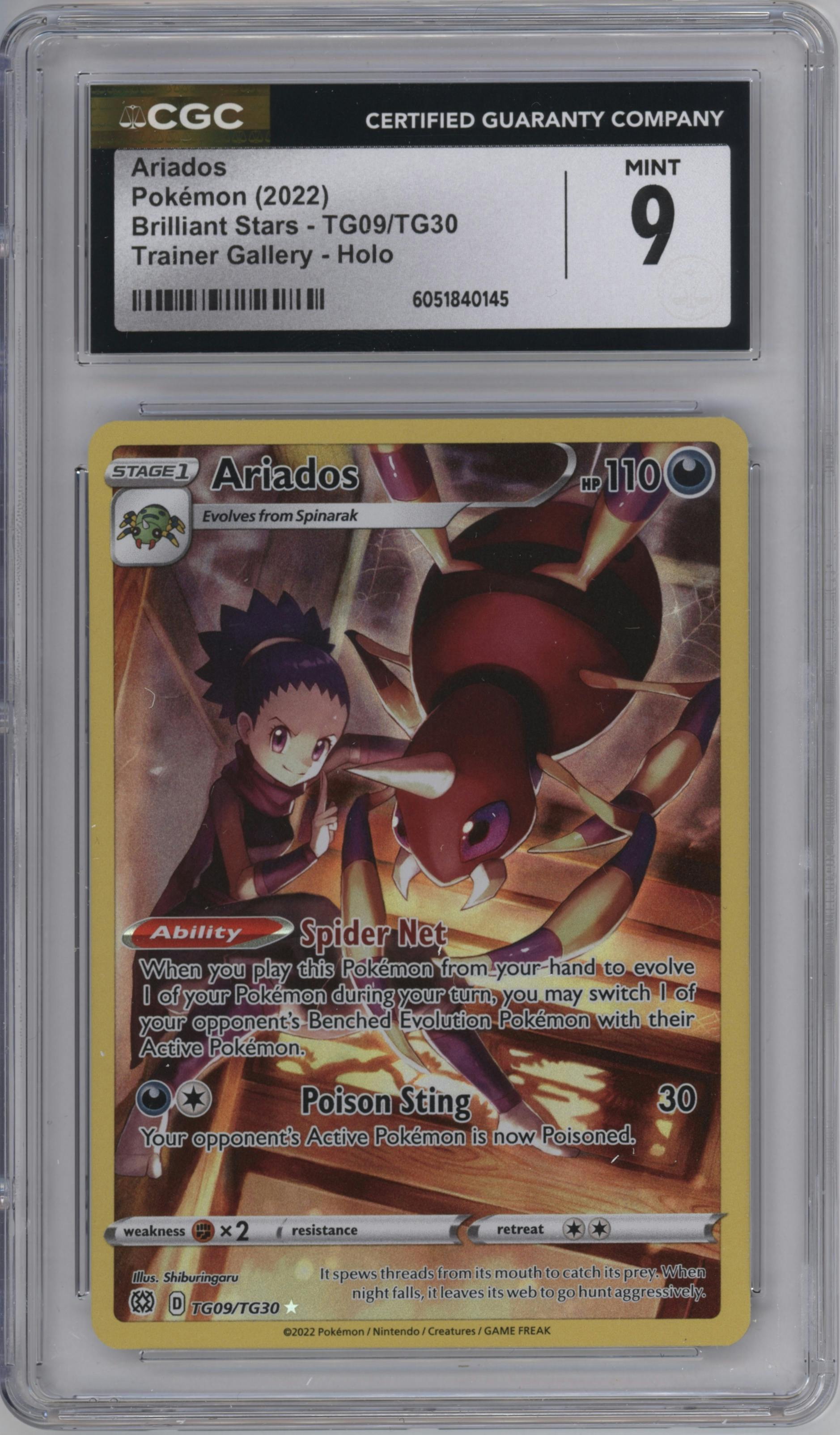 Ariados from the 2022 Pokemon SWSH set graded by CSG and given an overall grade of 9.