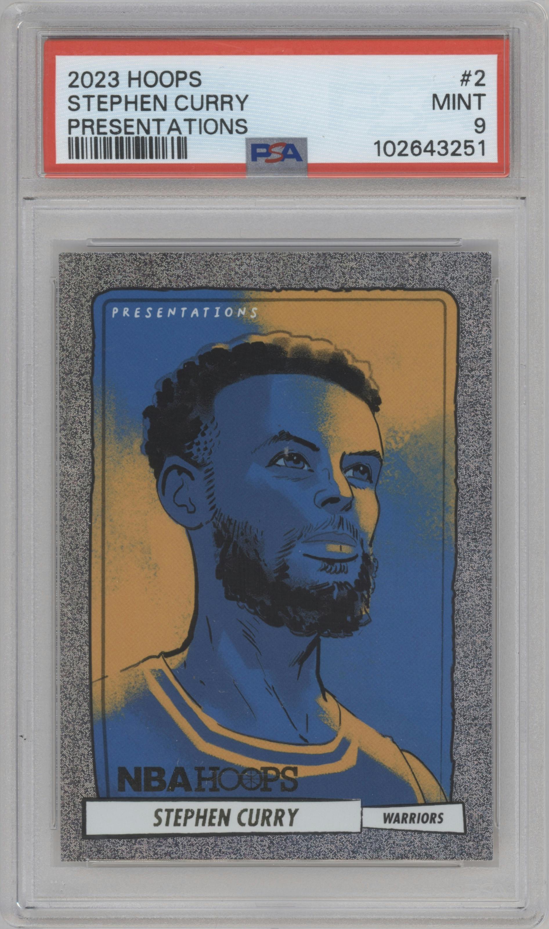 Stephen Curry from the 2023-24 Panini NBA Hoops set graded by PSA and given an overall grade of 9.