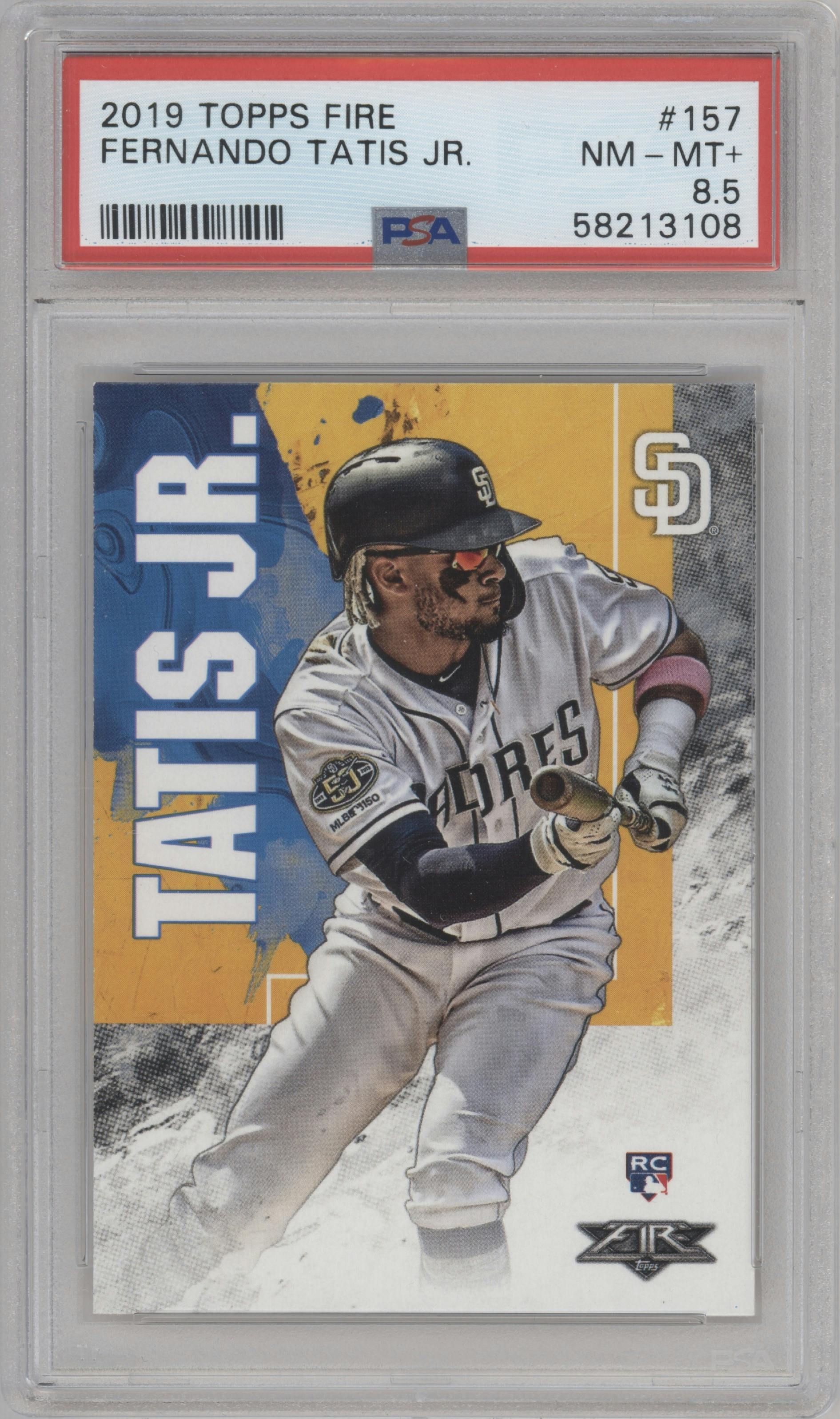 Fernando Tatis Jr. from the 2019 Topps Fire set graded by PSA and given an overall grade of 8.5.