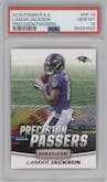 Lamar Jackson from the 2018 Panini Rookies & Stars set graded by PSA and given an overall grade of 10.