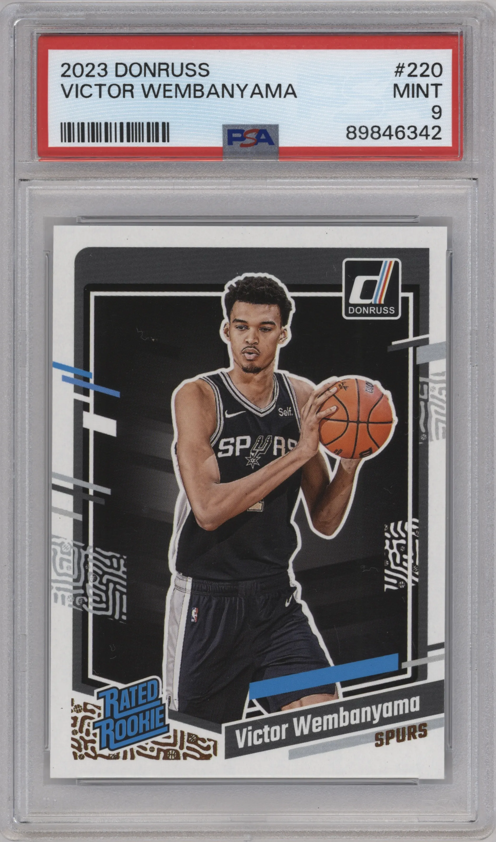 Victor Wembanyama from the 2023-24 Panini Donruss set graded by PSA and given an overall grade of 9.