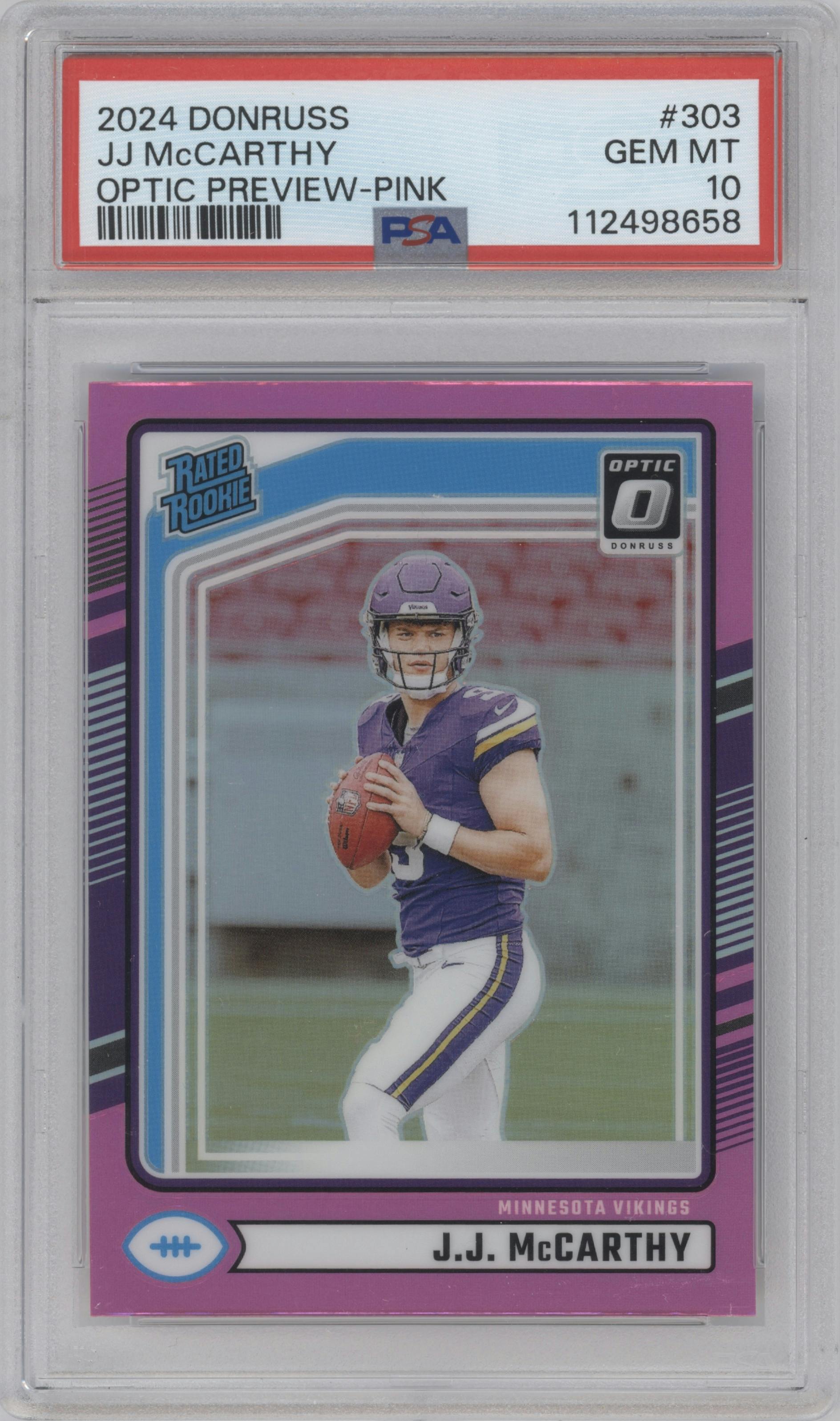 J.J. McCarthy from the 2024 Donruss set featuring a Pink parallel graded by PSA and given an overall grade of 10.