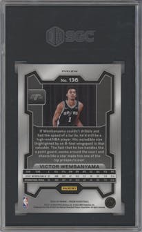 Victor Wembanyama from the 2023-24 Panini Prizm set featuring a Ice Prizm parallel graded by SGC and given an overall grade of 9.5.