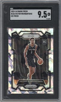 Victor Wembanyama from the 2023-24 Panini Prizm set featuring a Ice Prizm parallel graded by SGC and given an overall grade of 9.5.