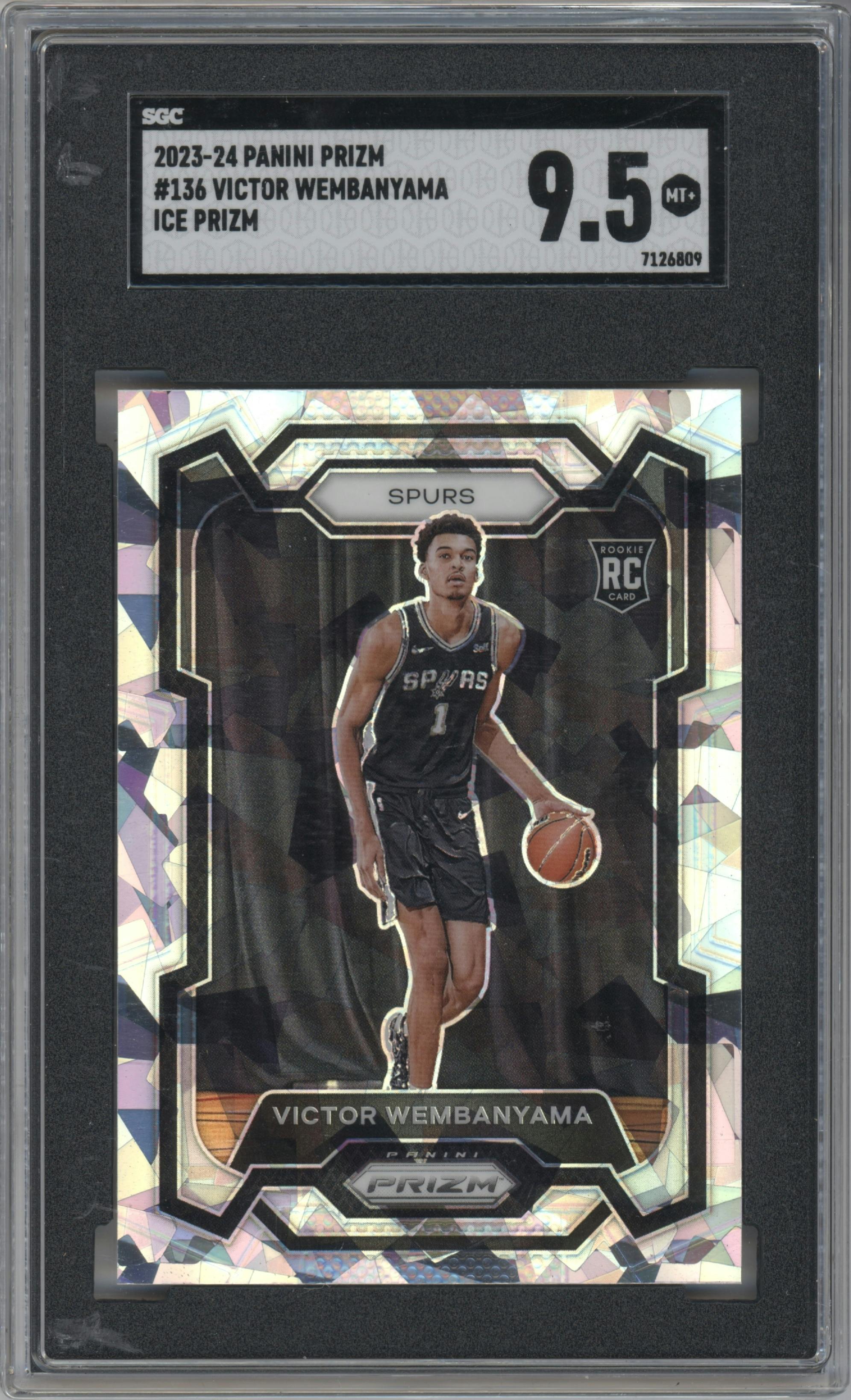 Victor Wembanyama from the 2023-24 Panini Prizm set featuring a Ice Prizm parallel graded by SGC and given an overall grade of 9.5.