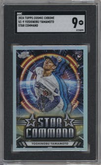 Yoshinobu Yamamoto from the 2024 Topps Cosmic Chrome set graded by SGC and given an overall grade of 9.