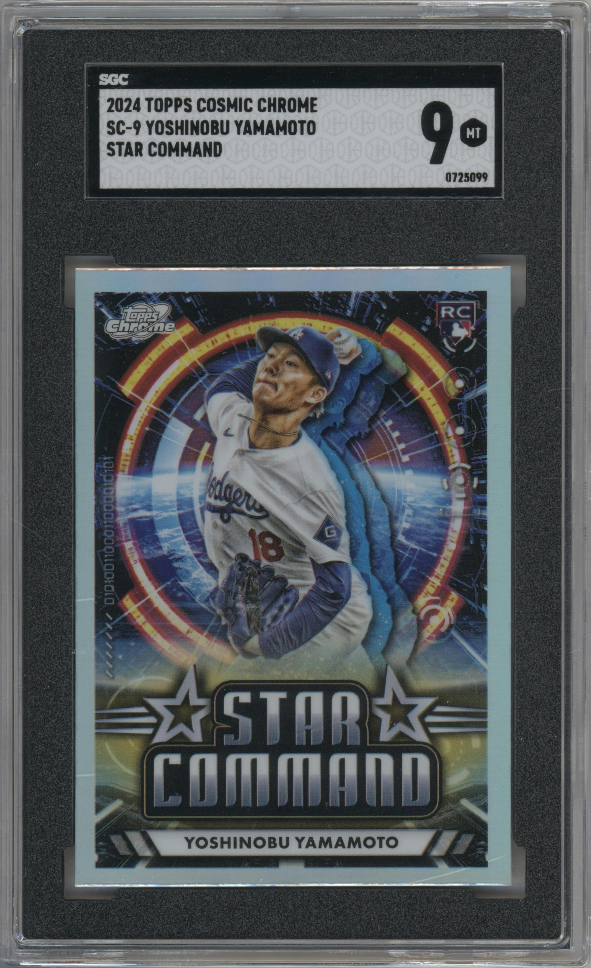Yoshinobu Yamamoto from the 2024 Topps Cosmic Chrome set graded by SGC and given an overall grade of 9.