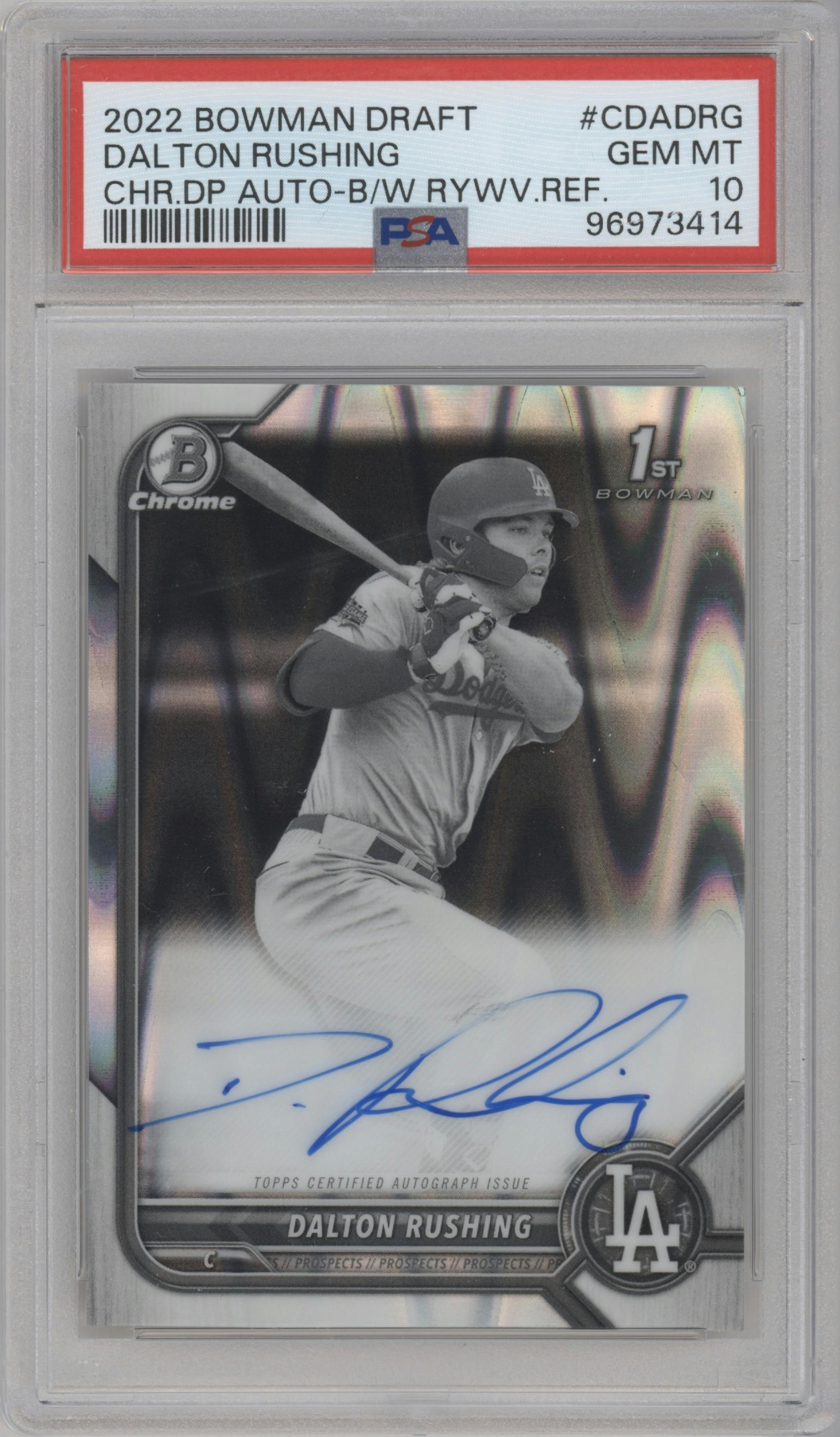 Dalton Rushing from the 2022 Bowman Draft set featuring a Black & White RayWave Refractor parallel graded by PSA and given an overall grade of 10.