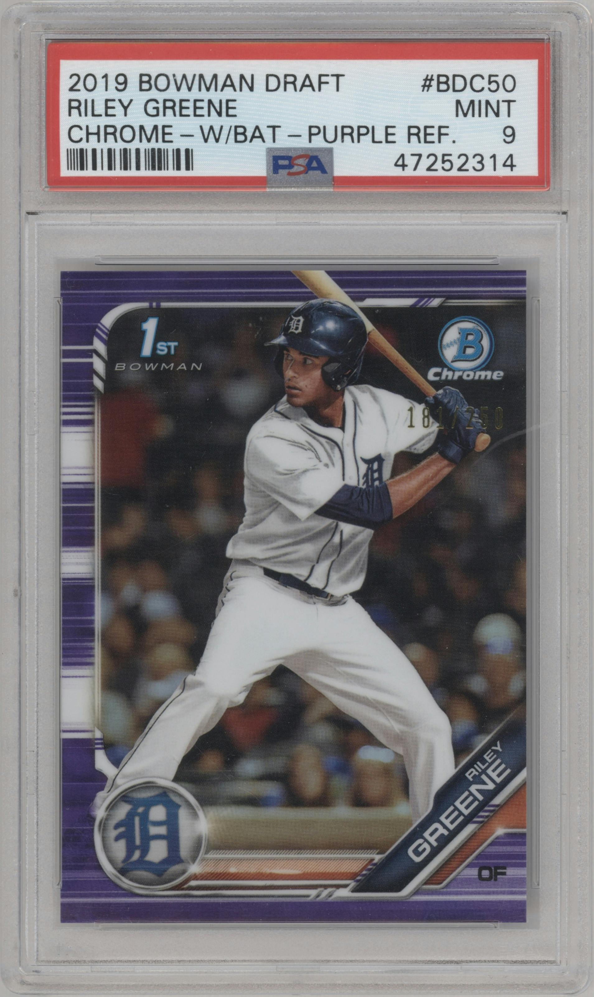Riley Greene from the 2019 Bowman Draft set featuring a Purple Refractor parallel graded by PSA and given an overall grade of 9.