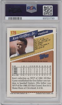 Ken Griffey Jr. from the 1993 Topps set featuring a Gold parallel graded by PSA and given an overall grade of 10.