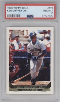 Ken Griffey Jr. from the 1993 Topps set featuring a Gold parallel graded by PSA and given an overall grade of 10.