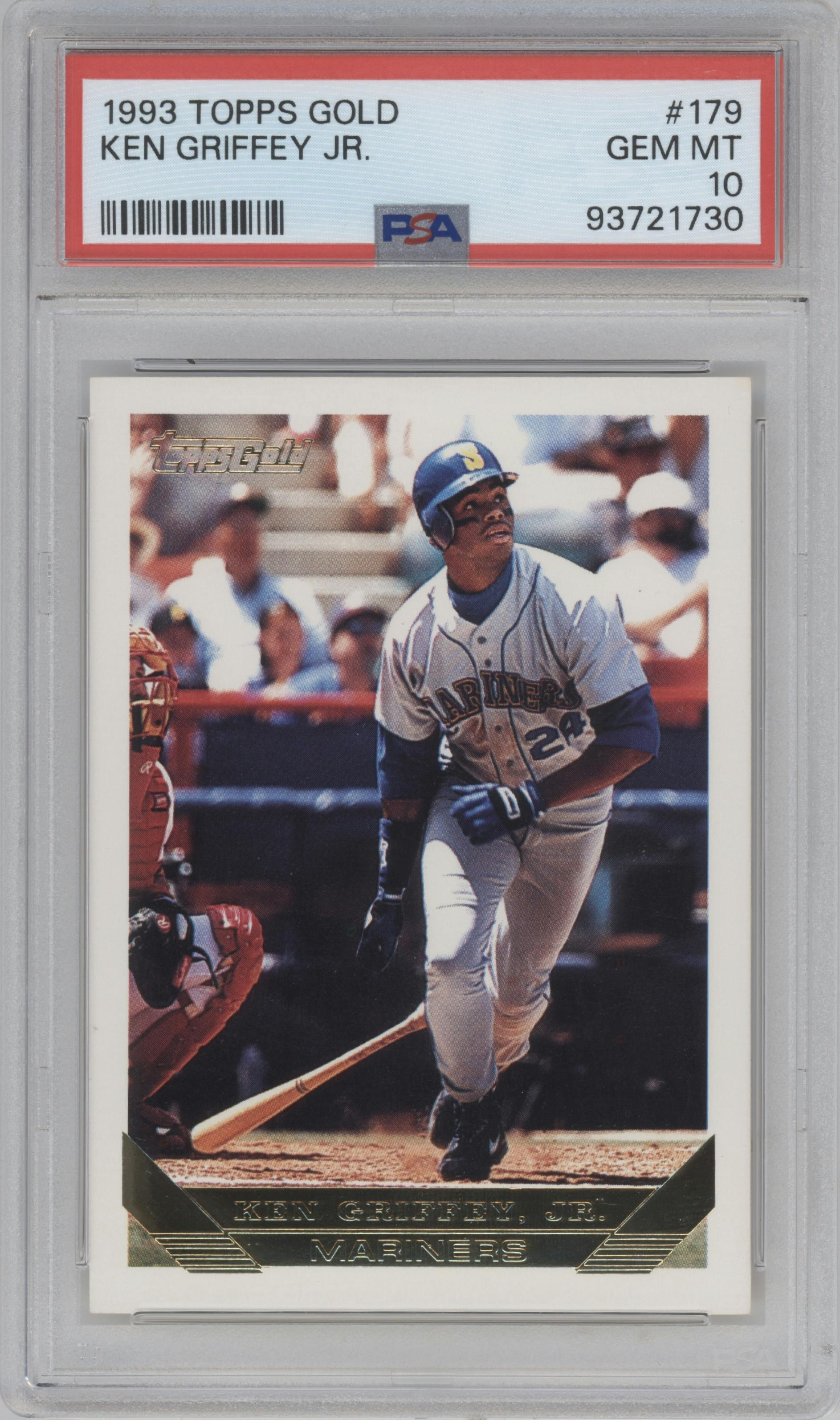 Ken Griffey Jr. from the 1993 Topps set featuring a Gold parallel graded by PSA and given an overall grade of 10.