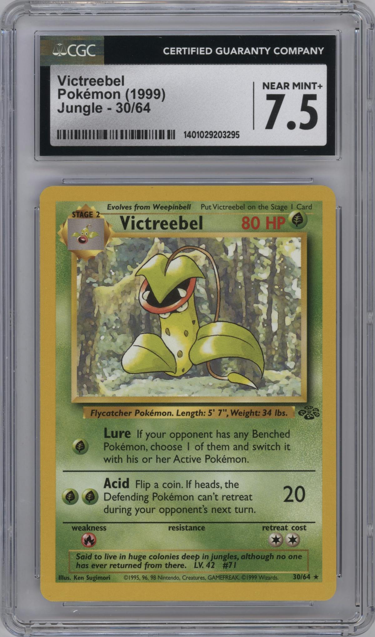 Victreebel from the 1999 Pokemon set graded by CSG and given an overall grade of 7.5.