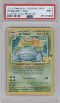 Venusaur from the 2021 Pokemon SWSH set featuring a Base Set parallel graded by PSA and given an overall grade of 9.