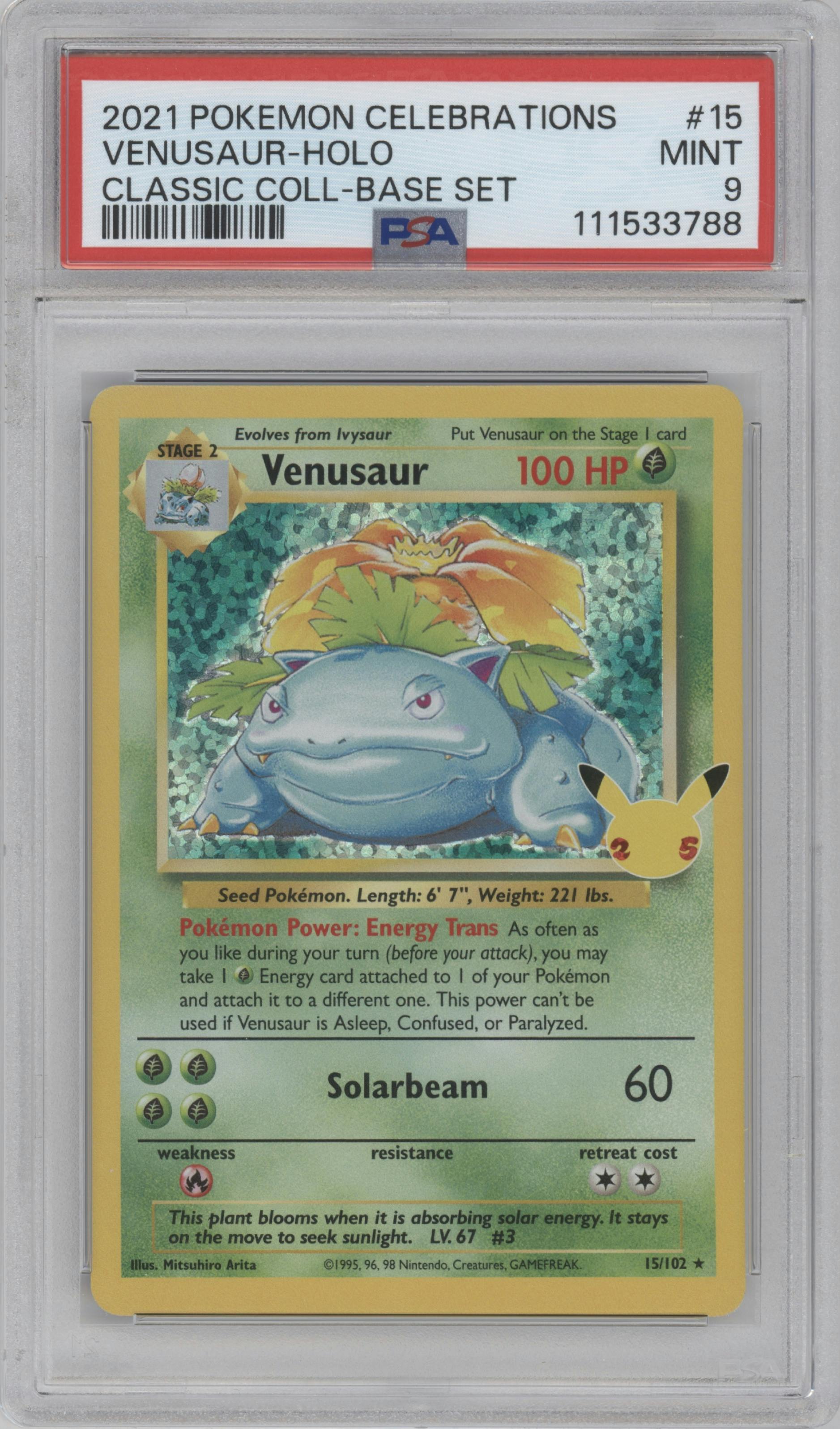 Venusaur from the 2021 Pokemon SWSH set featuring a Base Set parallel graded by PSA and given an overall grade of 9.