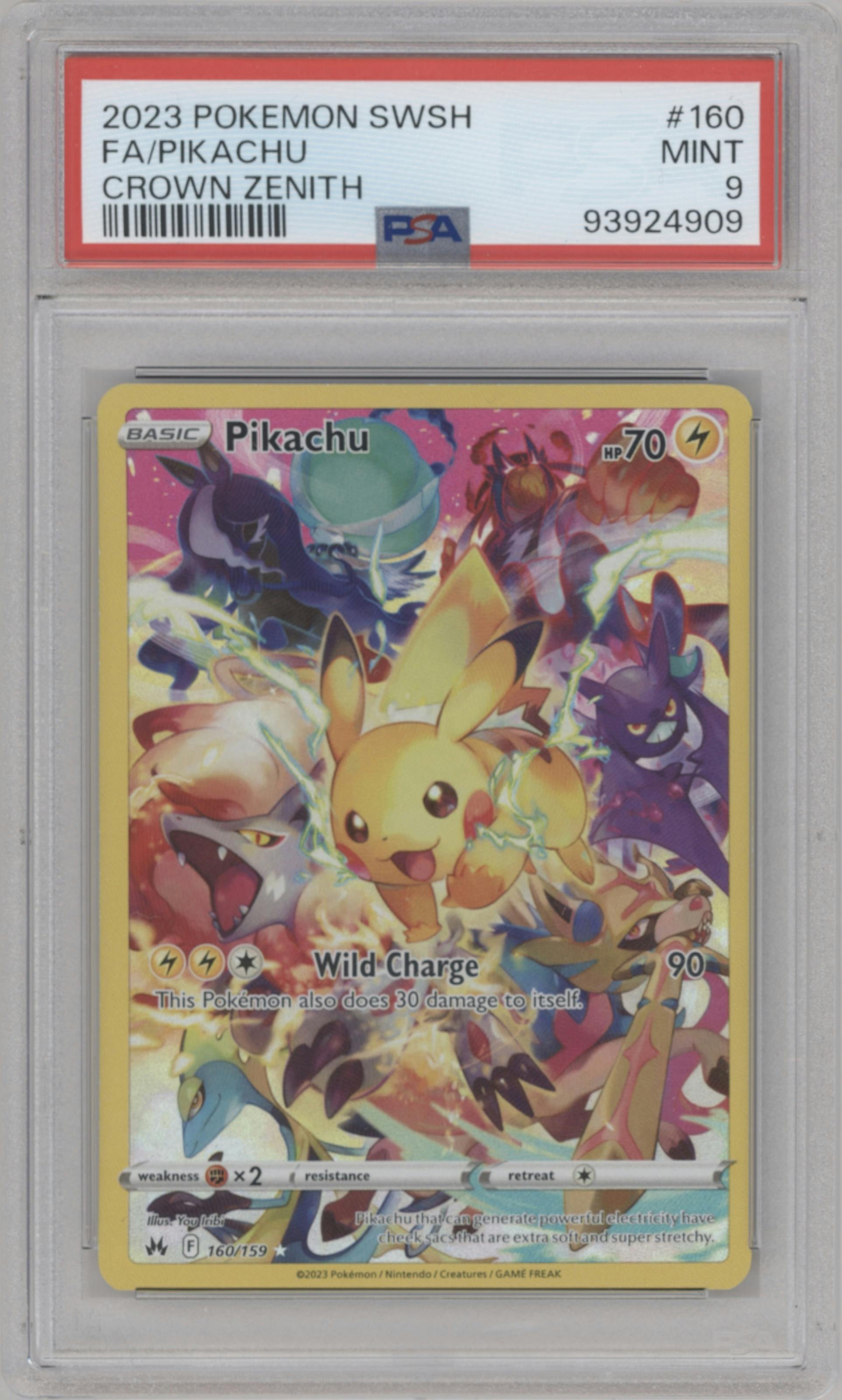 Pikachu  from the 2023 Pokemon SWSH set graded by PSA and given an overall grade of 9.