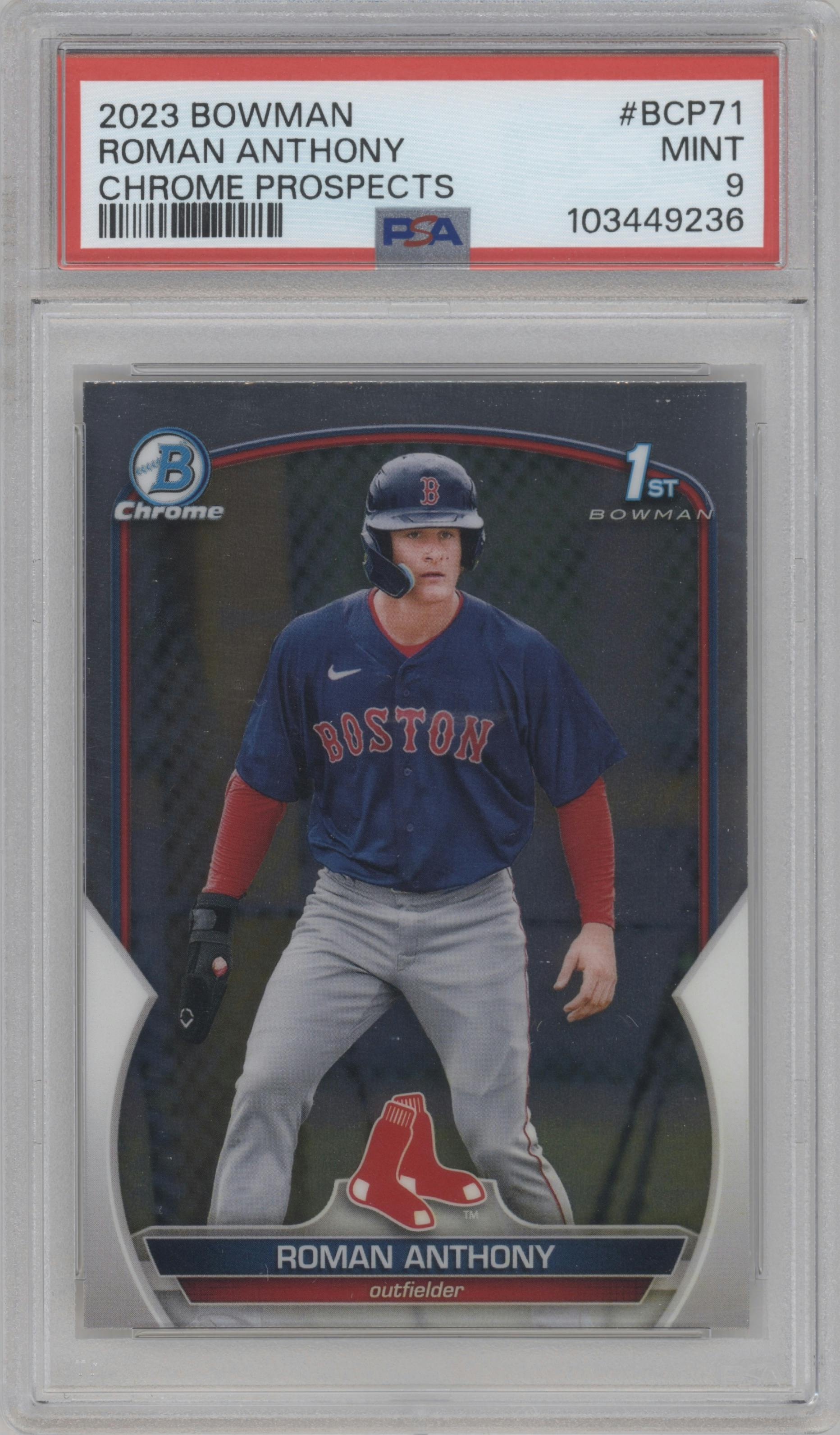 Roman Anthony from the 2023 Bowman  set graded by PSA and given an overall grade of 9.