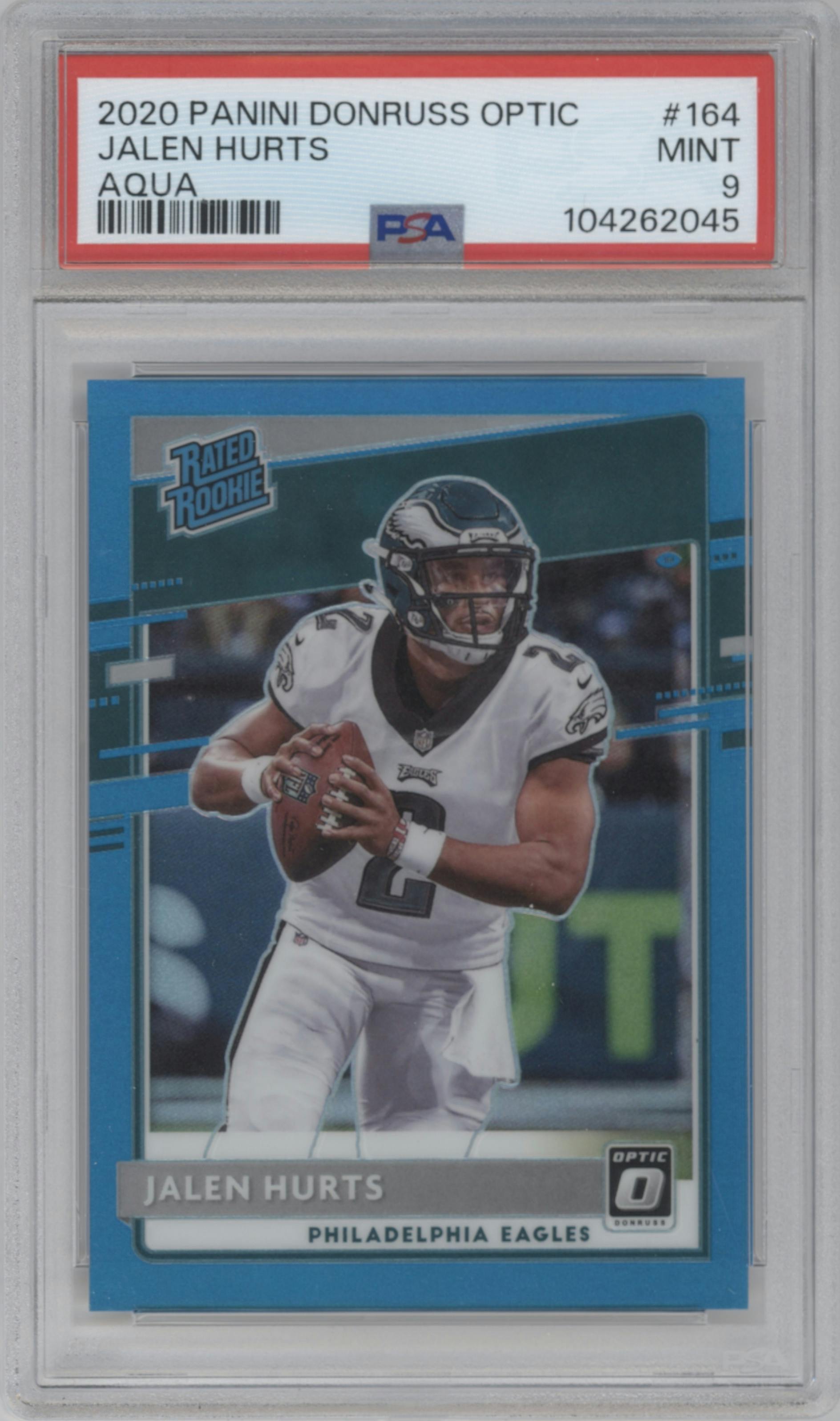 Jalen Hurts from the 2020 Panini Donruss Optic set featuring a Aqua parallel graded by PSA and given an overall grade of 9.