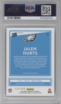Jalen Hurts from the 2020 Panini Donruss Optic set featuring a Aqua parallel graded by PSA and given an overall grade of 9.