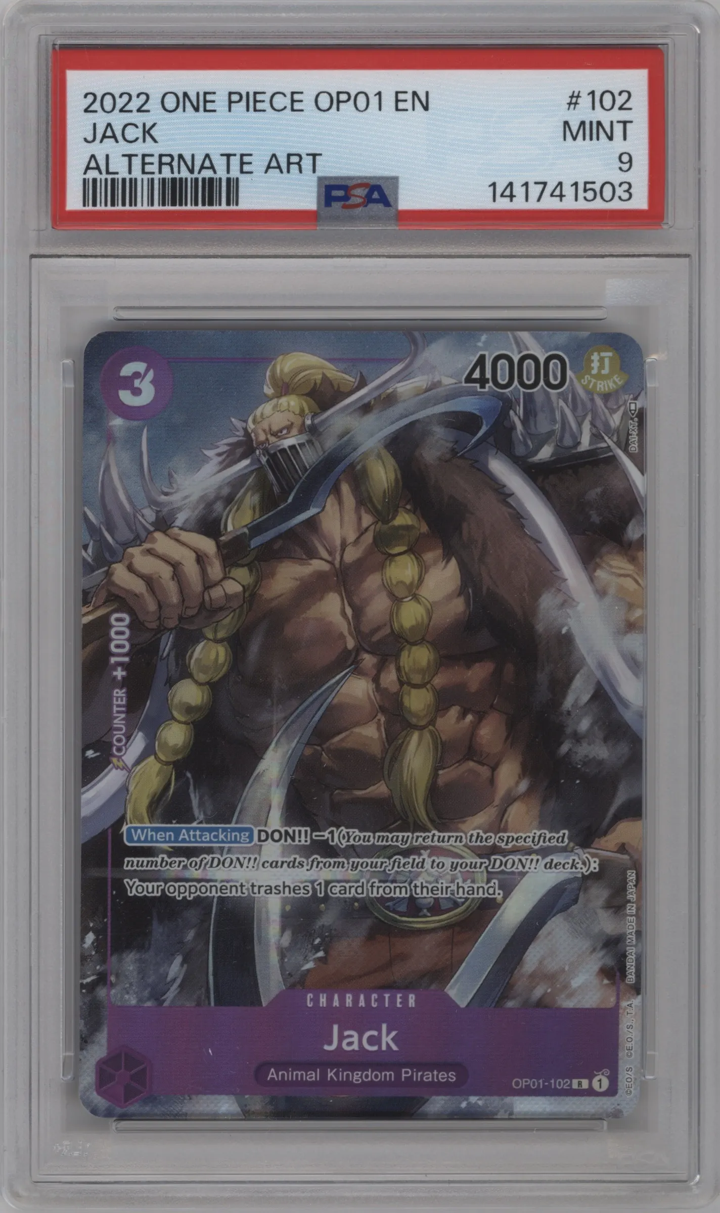 2022 One Piece Romance Dawn Jack Alternate Art R #OP01-102 R PSA 9