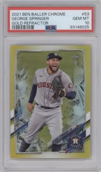 George Springer from the 2021 Topps Chrome Ben Baller set featuring a Gold Refractor parallel graded by PSA and given an overall grade of 10.