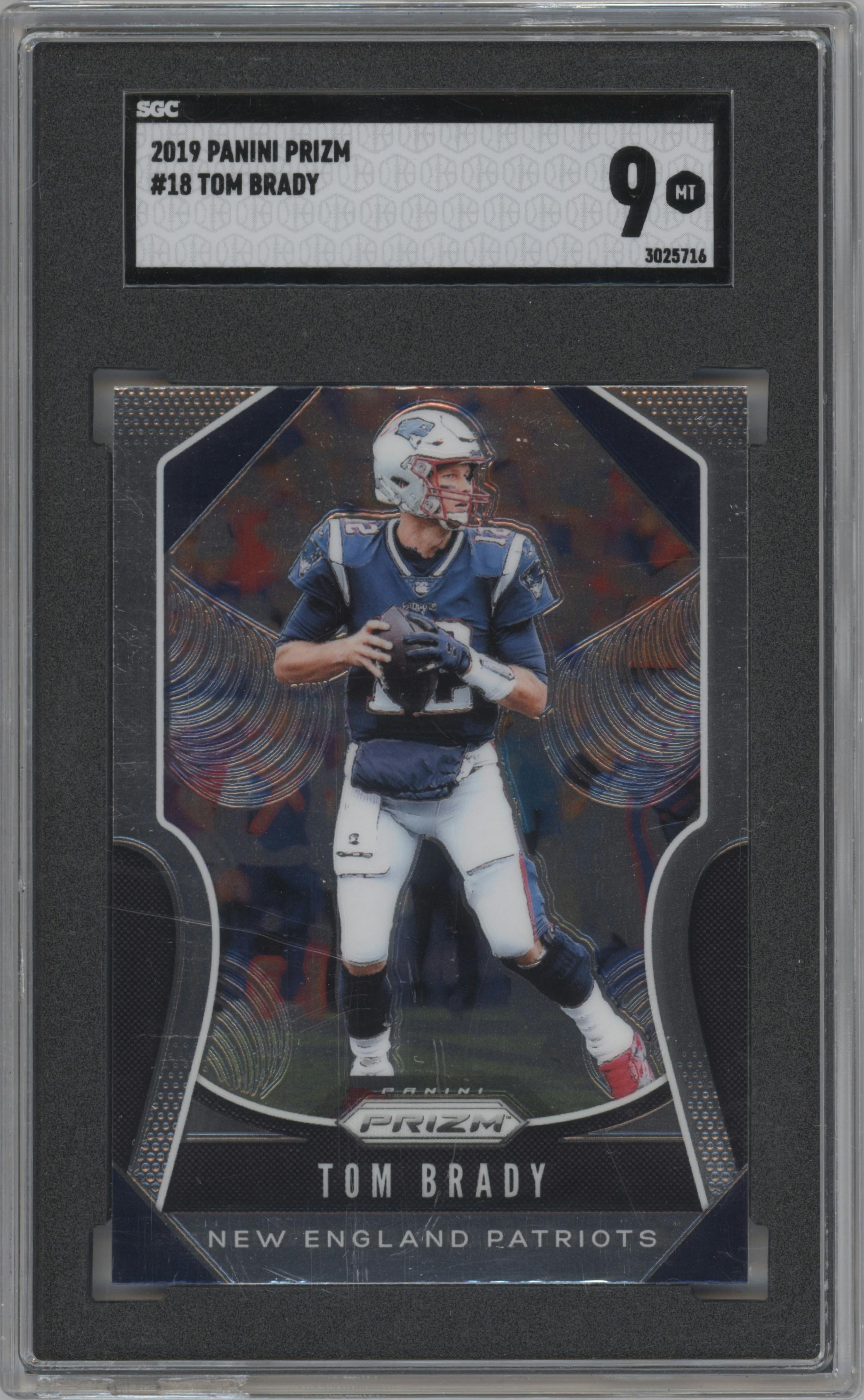 Tom Brady from the 2019 Panini Prizm set graded by SGC and given an overall grade of 9.