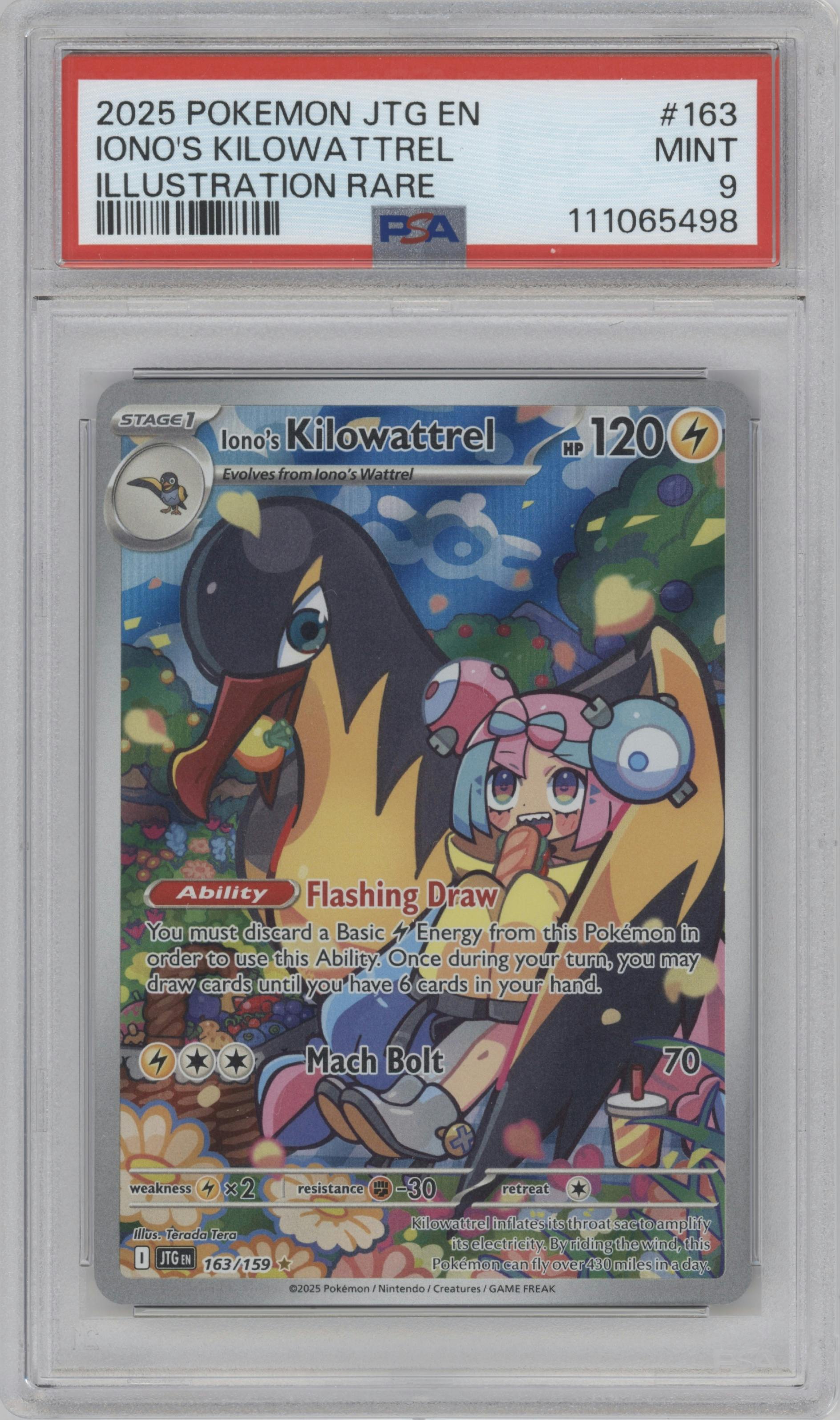 Iono's Kilowattrel from the 2025 Pokemon SV set graded by PSA and given an overall grade of 9.