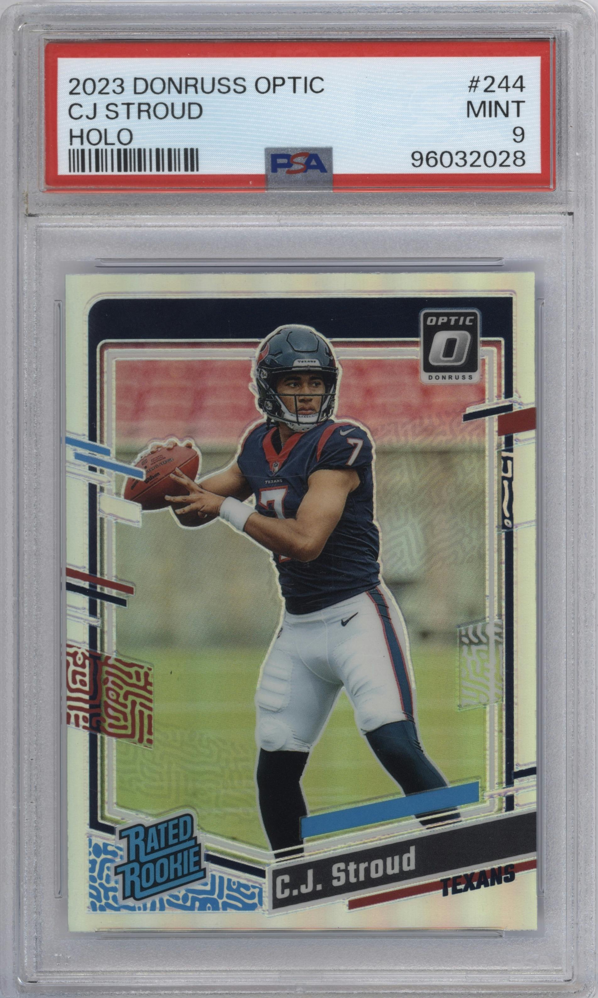 C.J. Stroud from the 2023 Donruss Optic set featuring a Holo parallel graded by PSA and given an overall grade of 9.